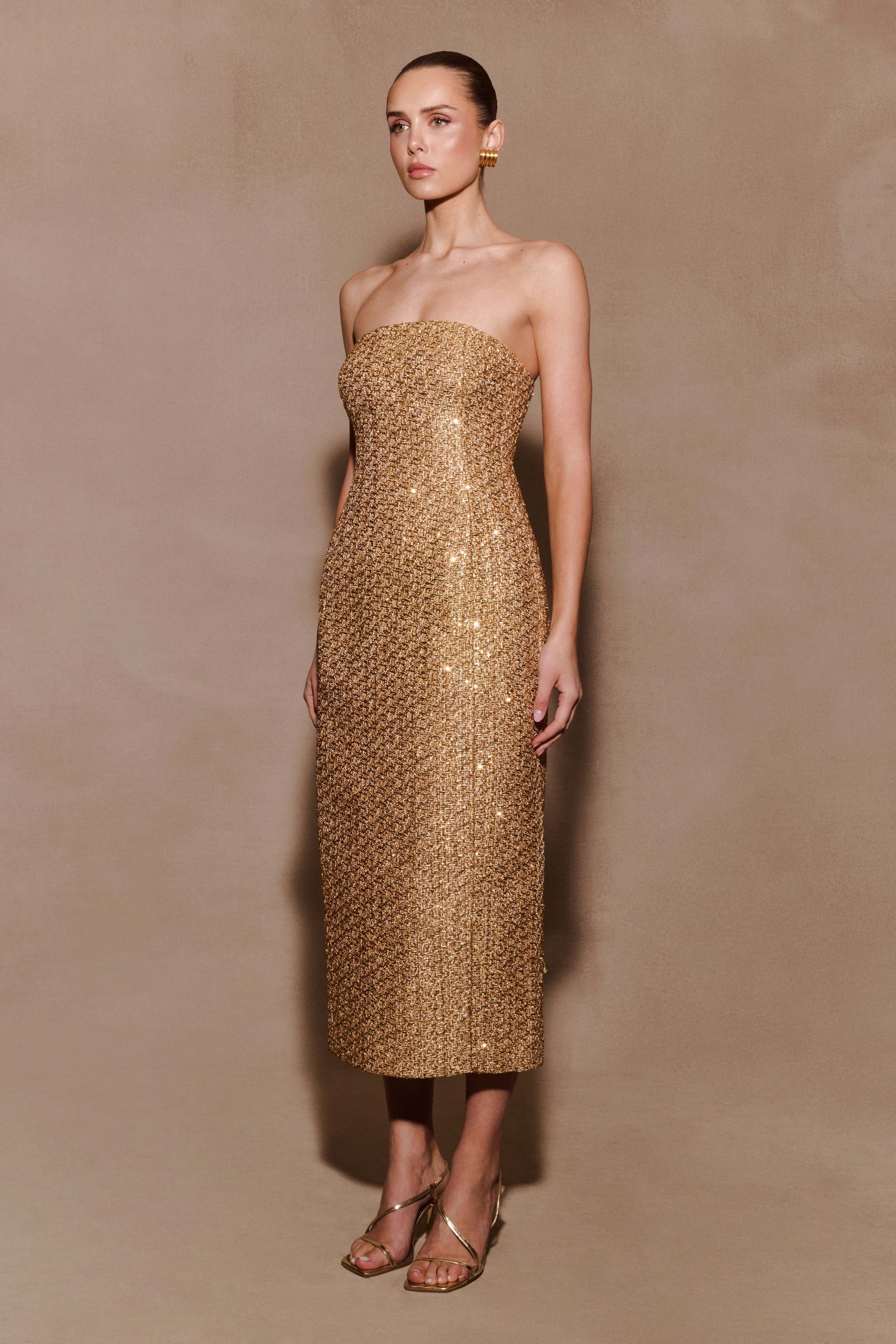 Gala Strapless Tweed Midi Dress / Gold | MESHKI | L Gala Strapless Tweed Midi Dress / Gold | MESHKI | L