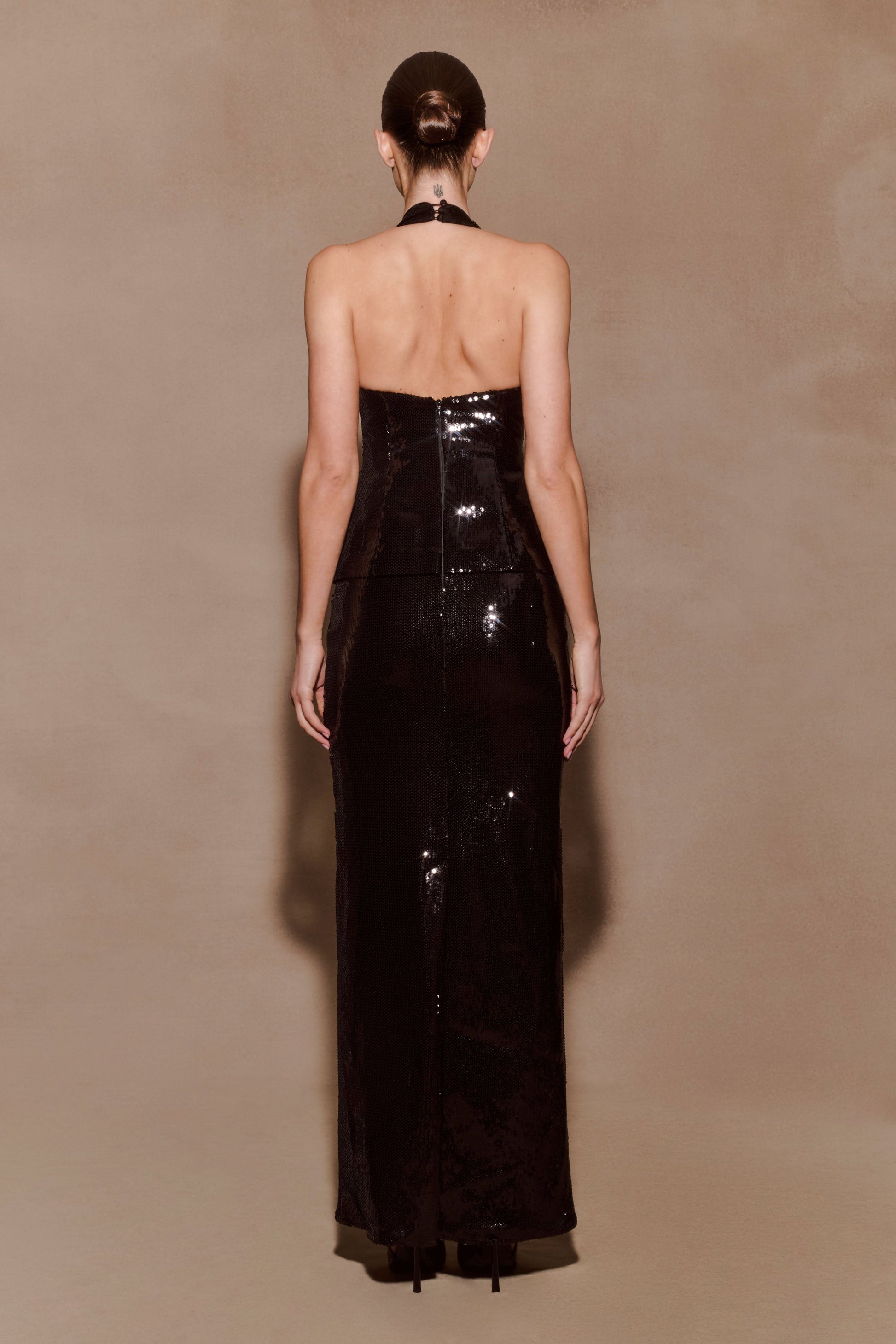 Bertie Sequin Peplum Halter Maxi Dress / Black | MESHKI | S Bertie Sequin Peplum Halter Maxi Dress / Black | MESHKI | S