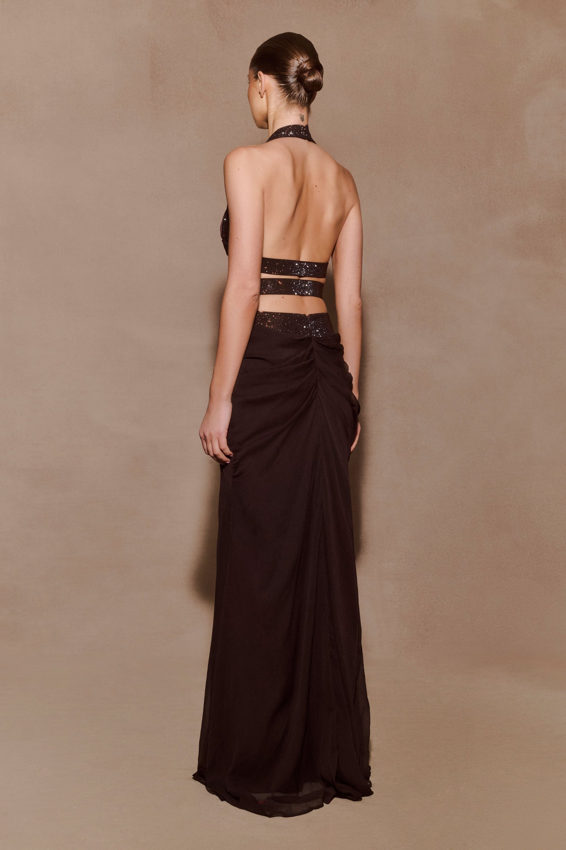 Siren Satin And Diamante Halter Top - Dark Chocolate | MESHKI US Siren Satin And Diamante Halter Top - Dark Chocolate | MESHKI US