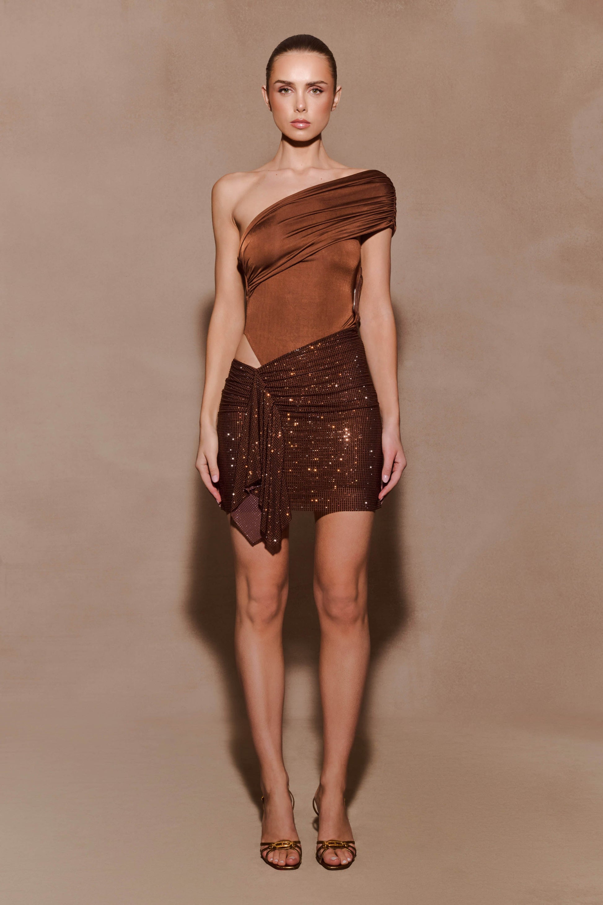 Paisley Slinky And Diamante Mini Dress - Chocolate | MESHKI US Paisley Slinky And Diamante Mini Dress - Chocolate | MESHKI US