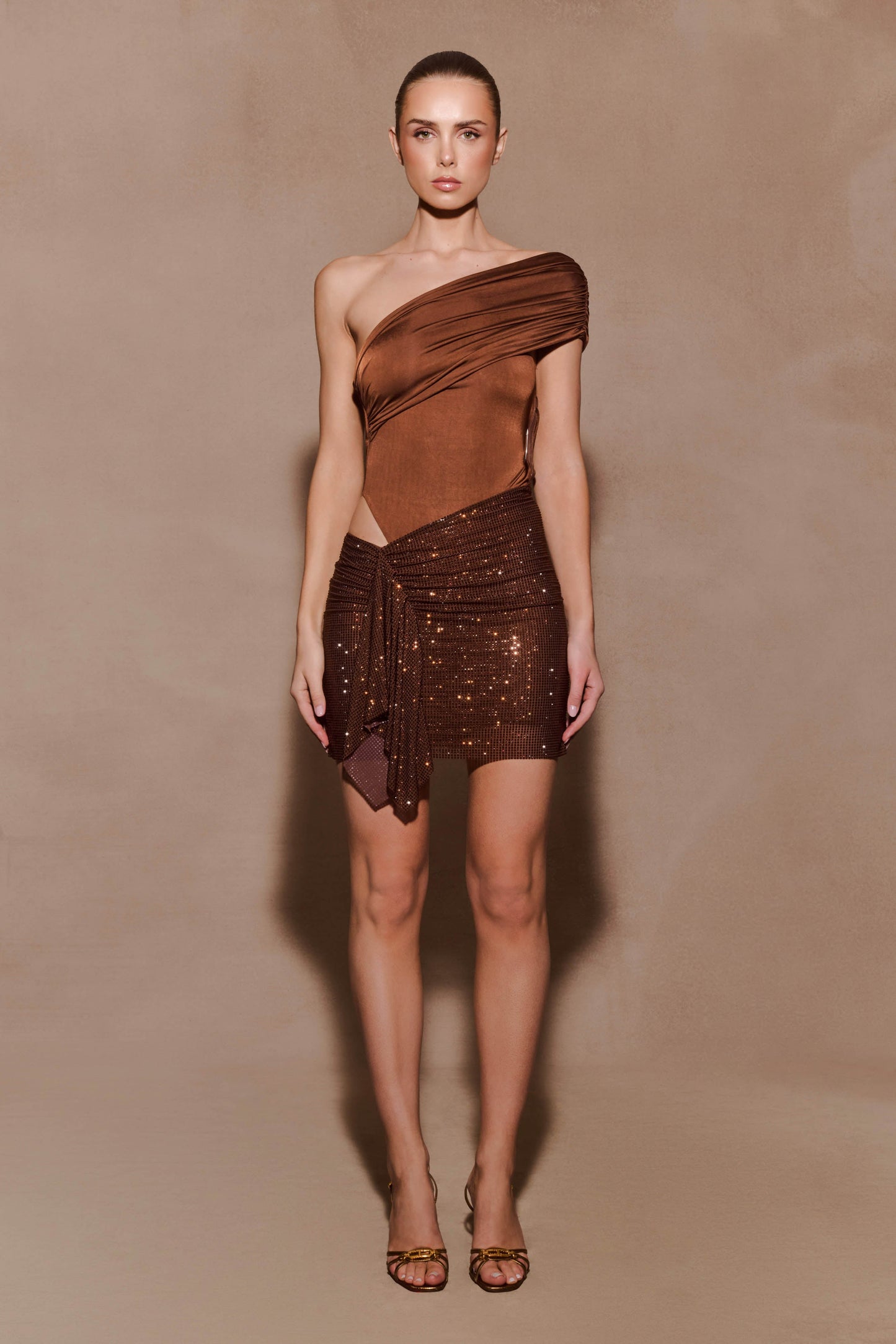 Paisley Slinky And Diamante Mini Dress - Chocolate