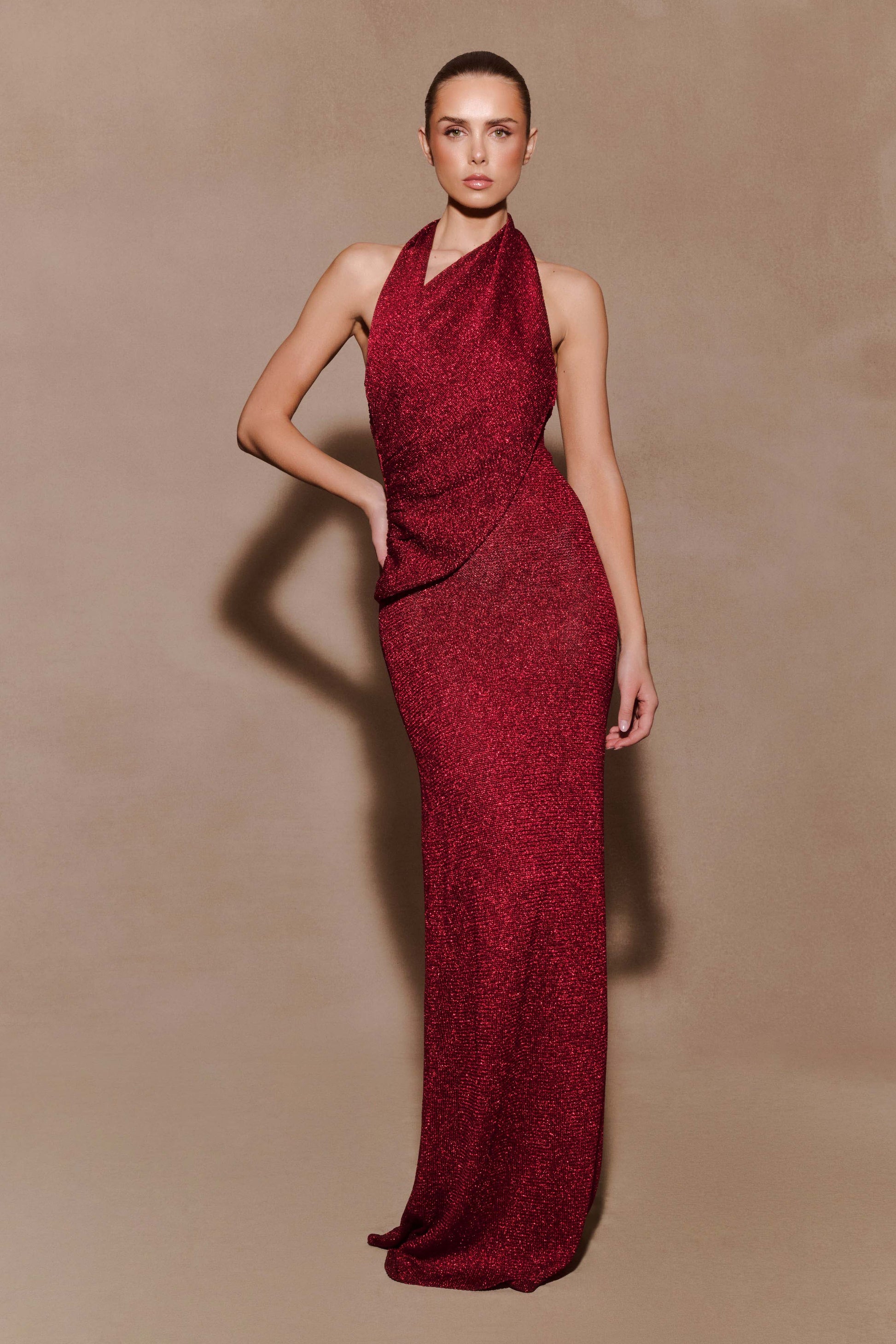 Elma Lurex Knit Halter Maxi Dress / Deep Red | MESHKI