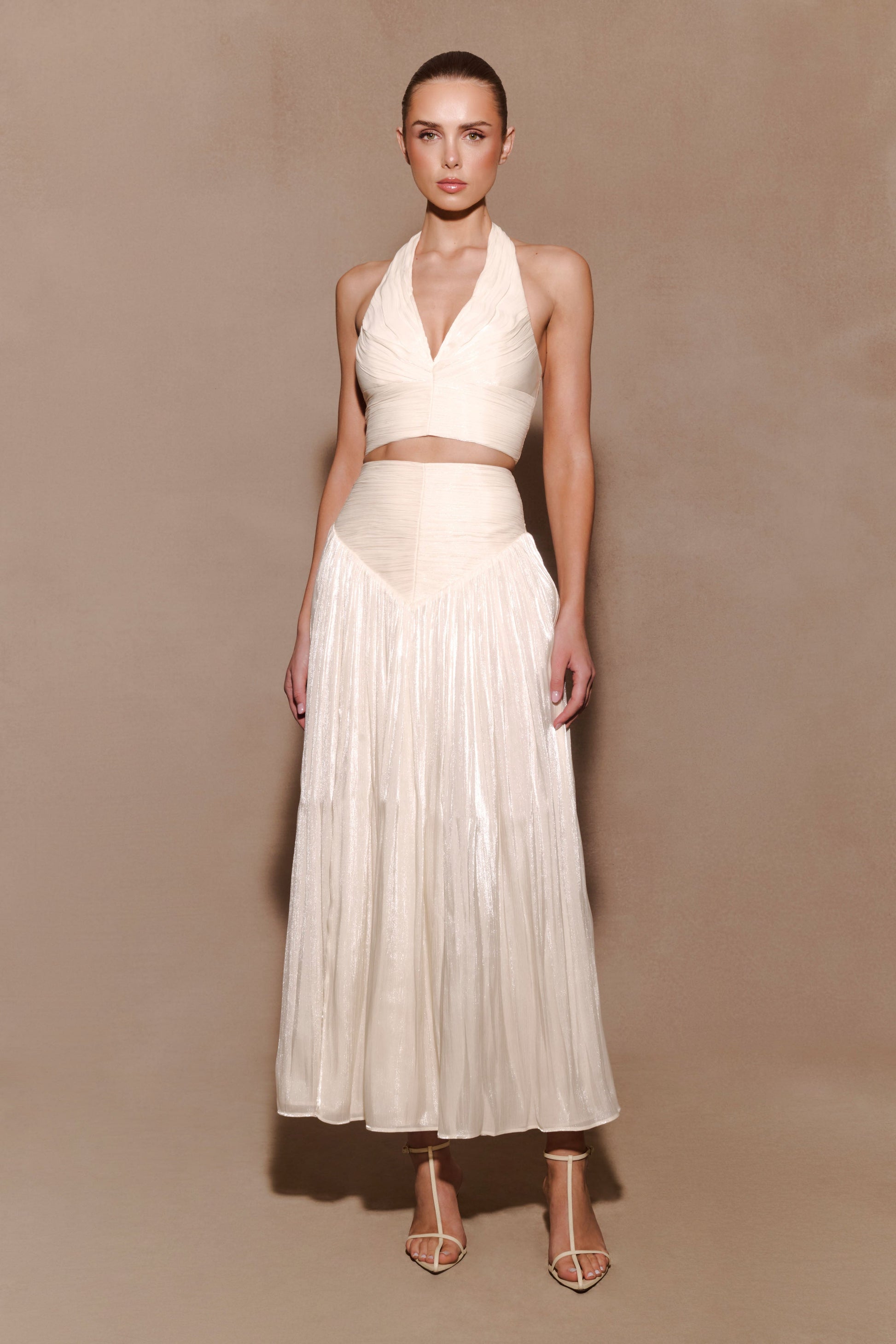 gathered skirt midi dress Ruched Bodice Strappy Midi Dress with Smocked Back and Gathered Skirt- White