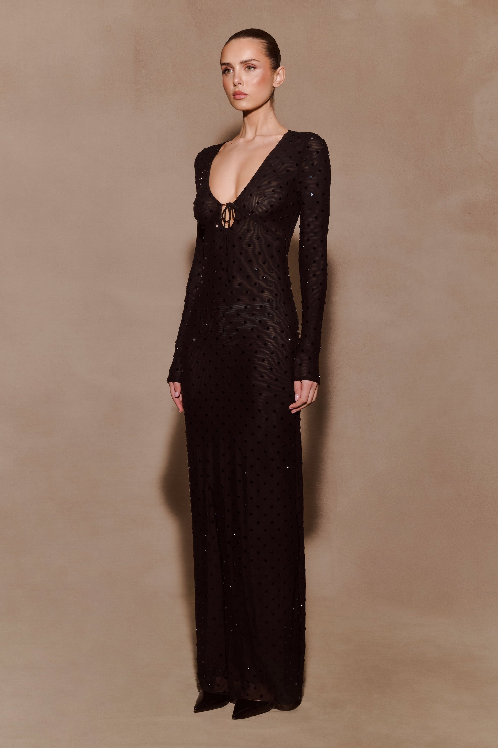 Acadia Diamante Long Sleeve Maxi Dress / Black | MESHKI