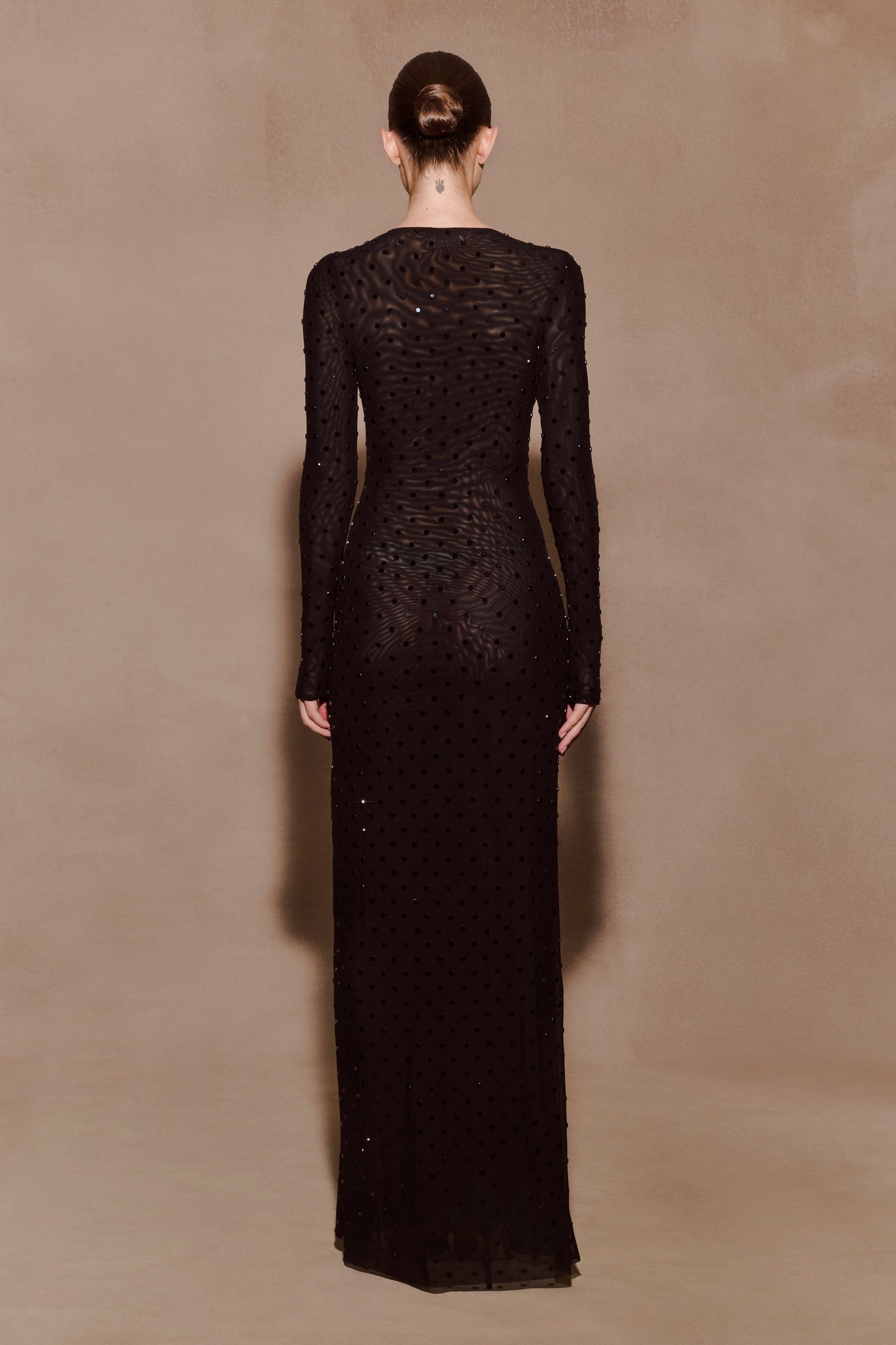 diamante long sleeve maxi dress diamante mesh dress long sleeve Black Evening Dress Sheer Mesh with Diamond Embellishments Black / S