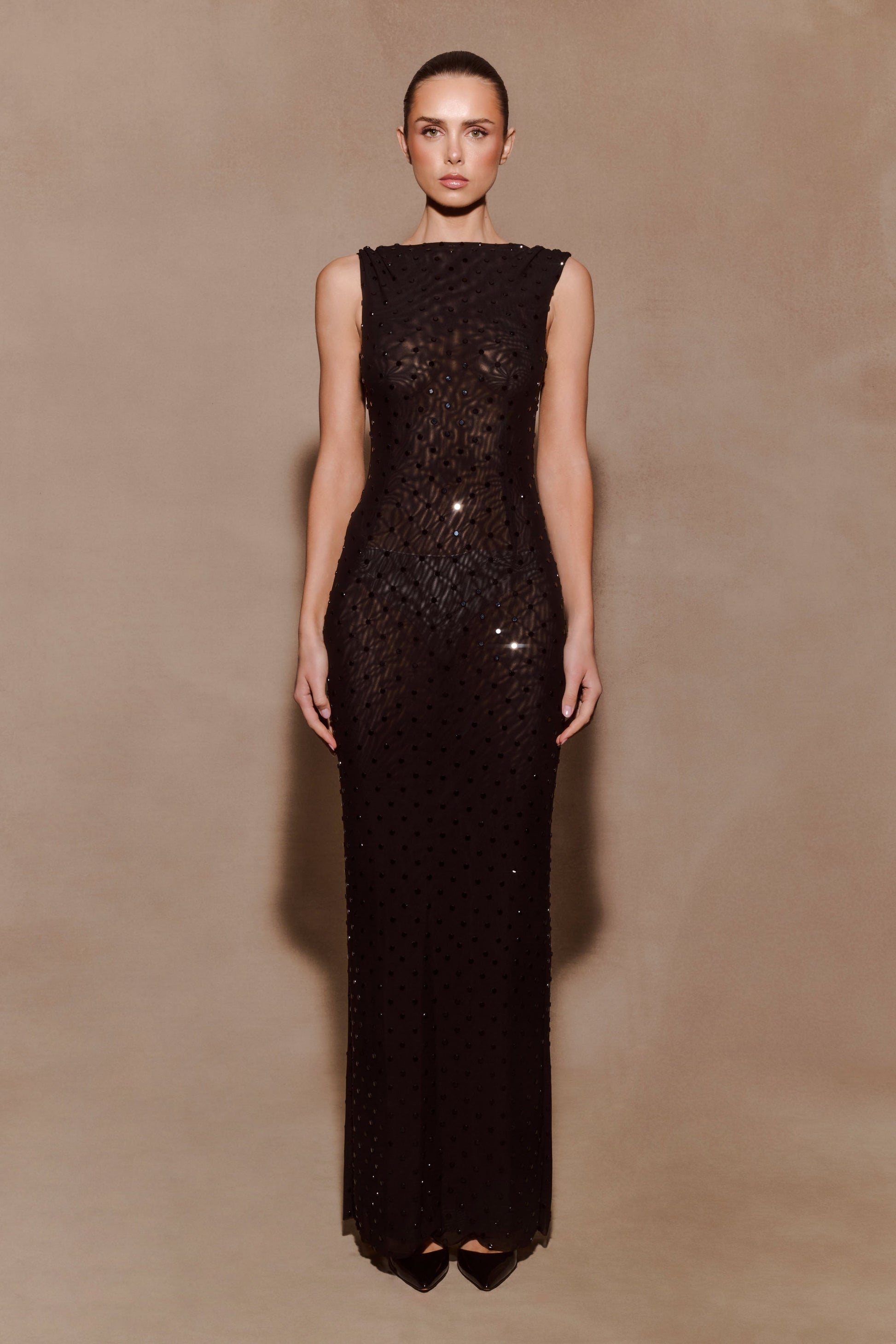 Samara Sleeveless Diamante Maxi Dress / Black | MESHKI