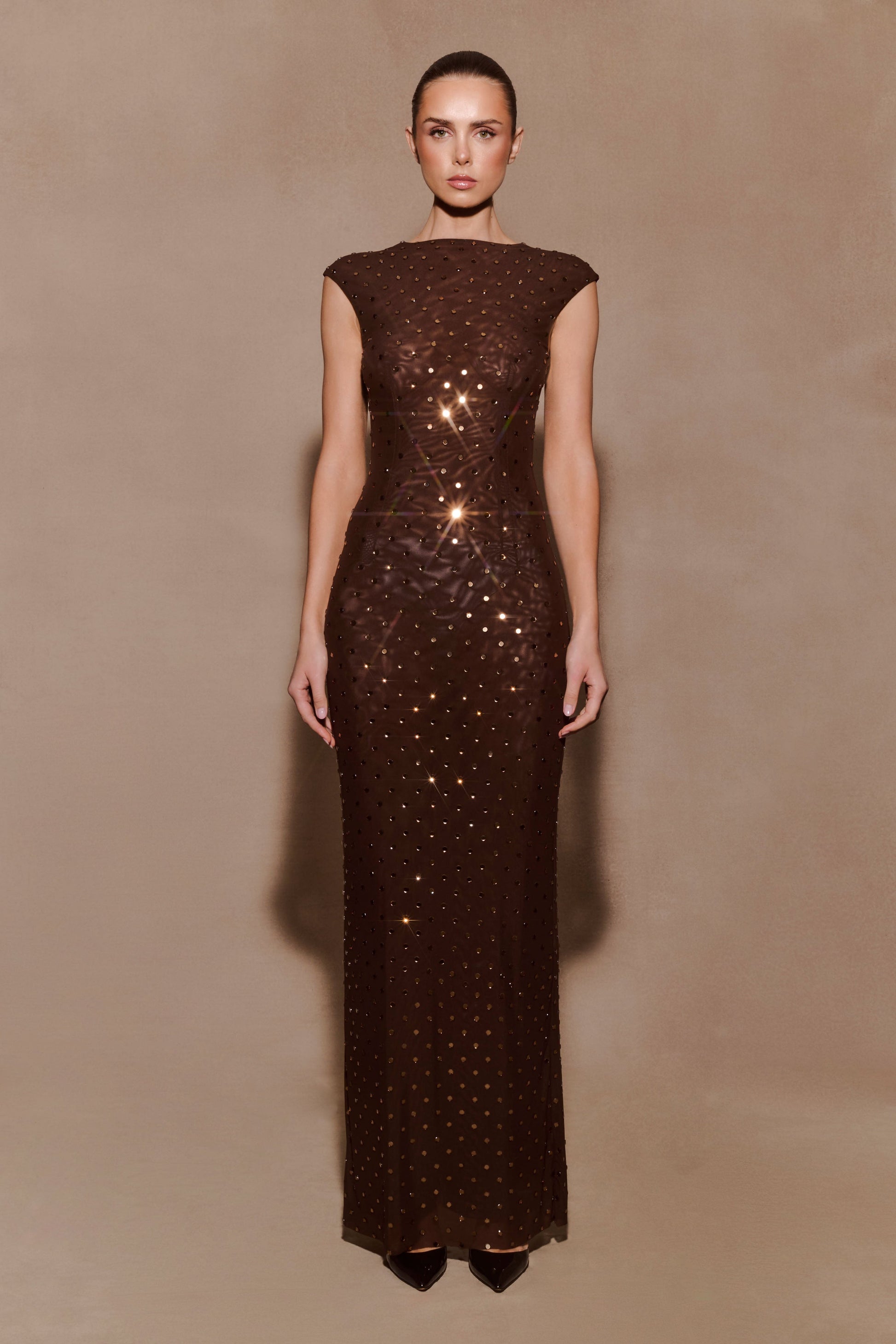 Samara Sleeveless Diamante Maxi Dress / Chocolate | MESHKI