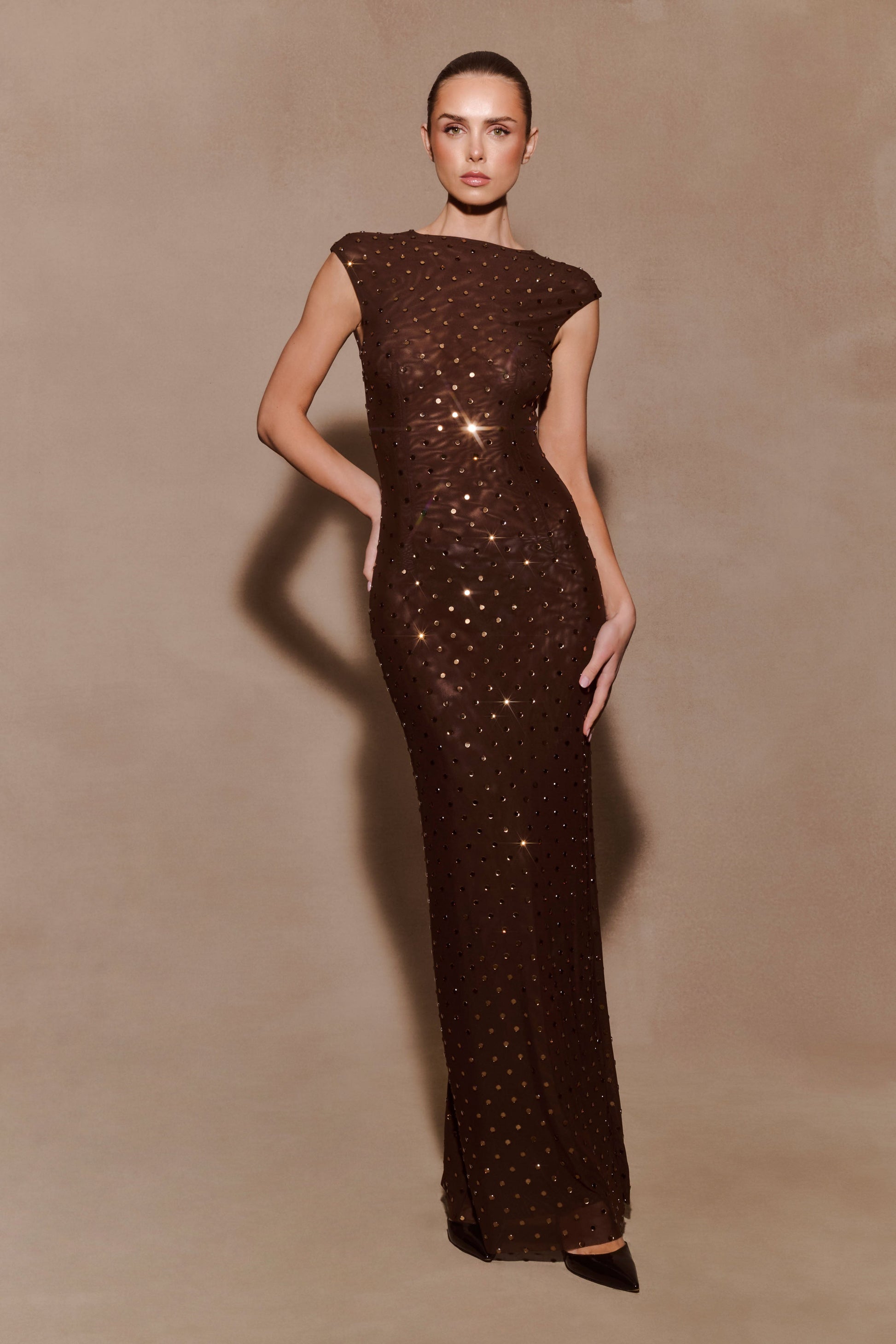 diamante mesh maxi dress Diamond Gal Diamante Mesh Feather Maxi Dress (Rhinestones) (Pre-Order) AMEKANA