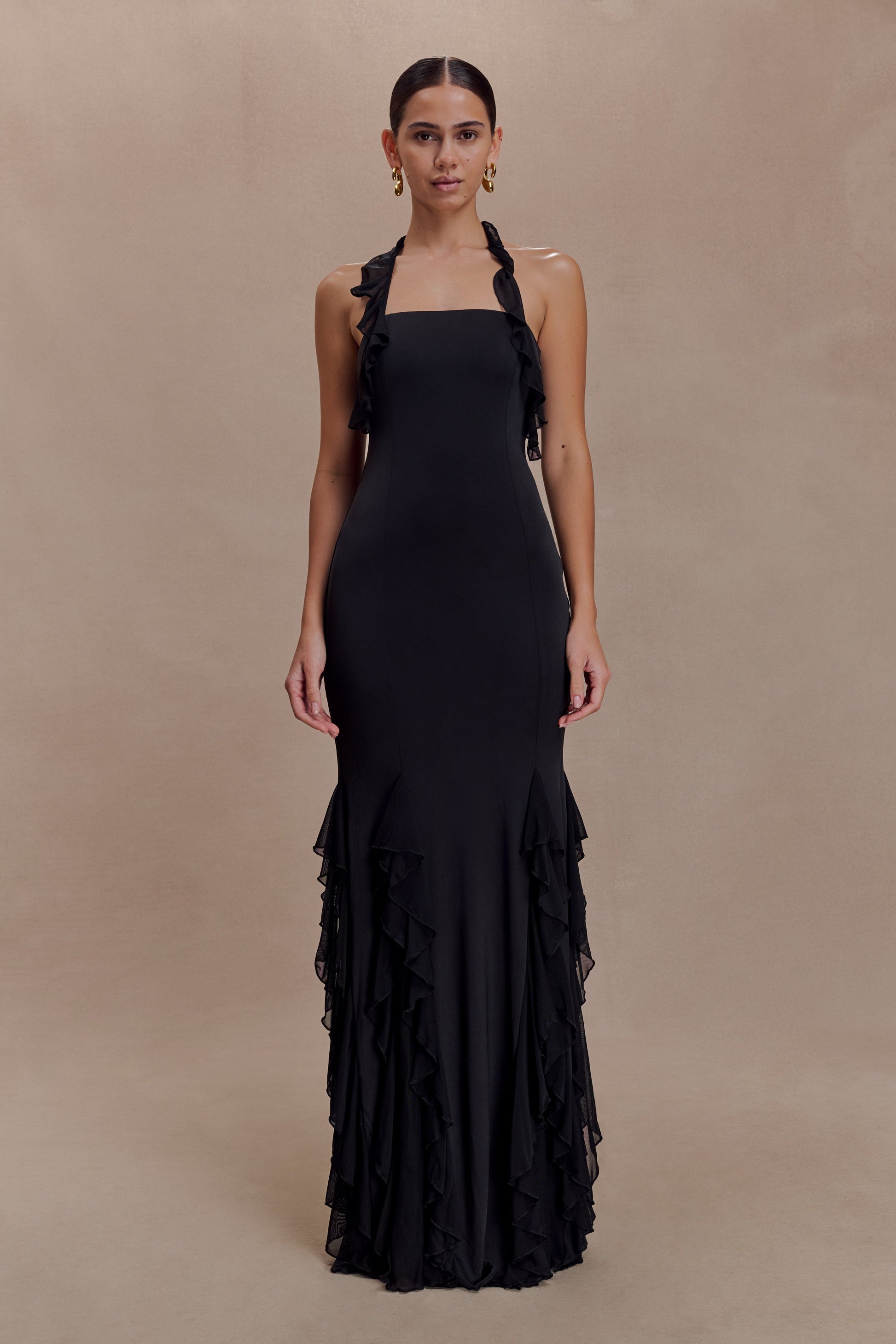 Etta Ruffle Slinky Maxi Dress - Black