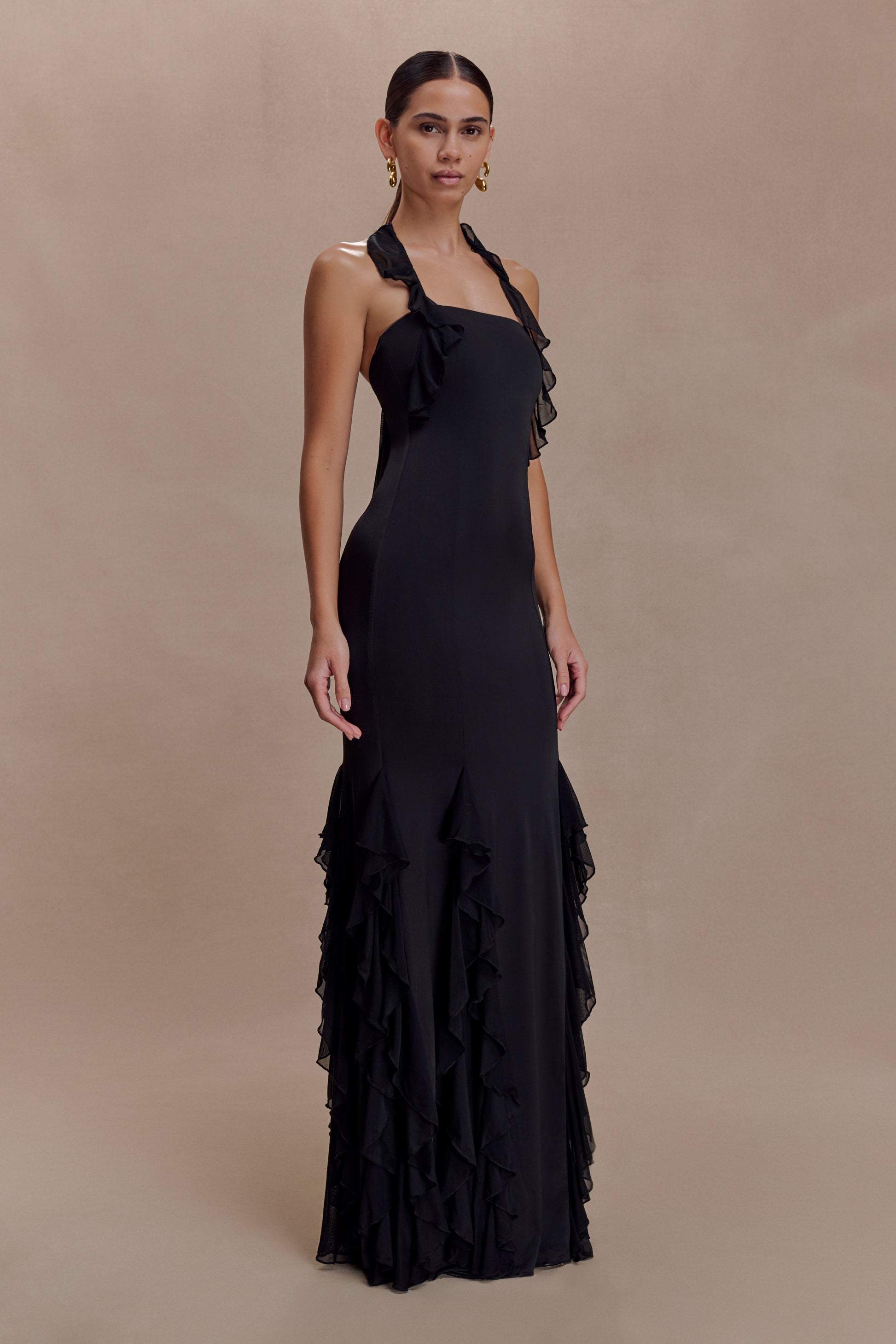 Etta Ruffle Slinky Maxi Dress - Black | MESHKI US Etta Ruffle Slinky Maxi Dress - Black | MESHKI US