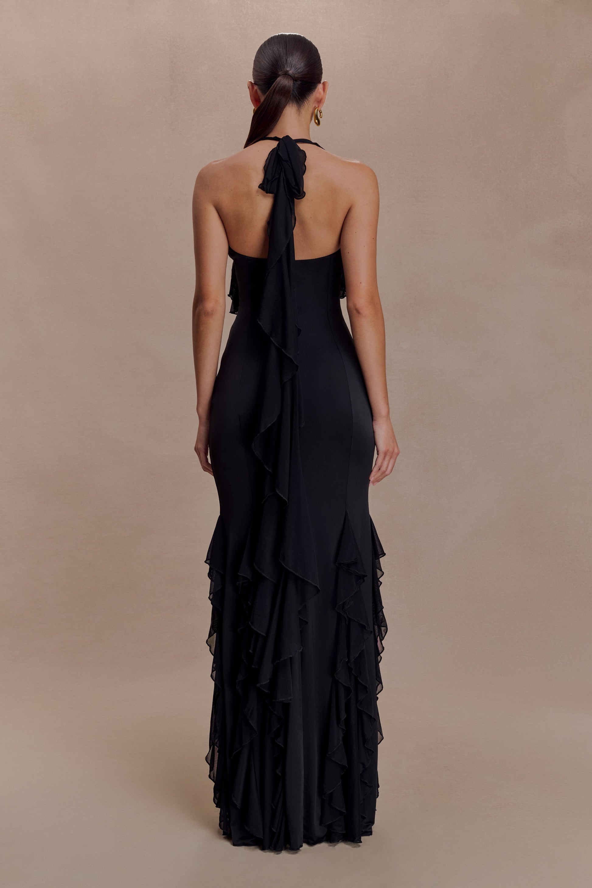 Etta Ruffle Slinky Maxi Dress - Black | MESHKI US Etta Ruffle Slinky Maxi Dress - Black | MESHKI US