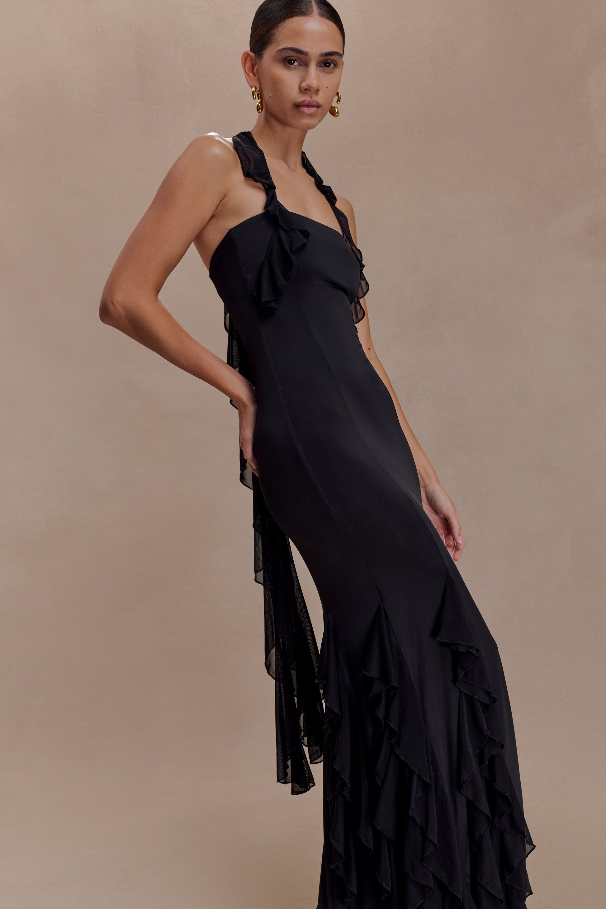 Etta Ruffle Slinky Maxi Dress - Black | MESHKI US Etta Ruffle Slinky Maxi Dress - Black | MESHKI US