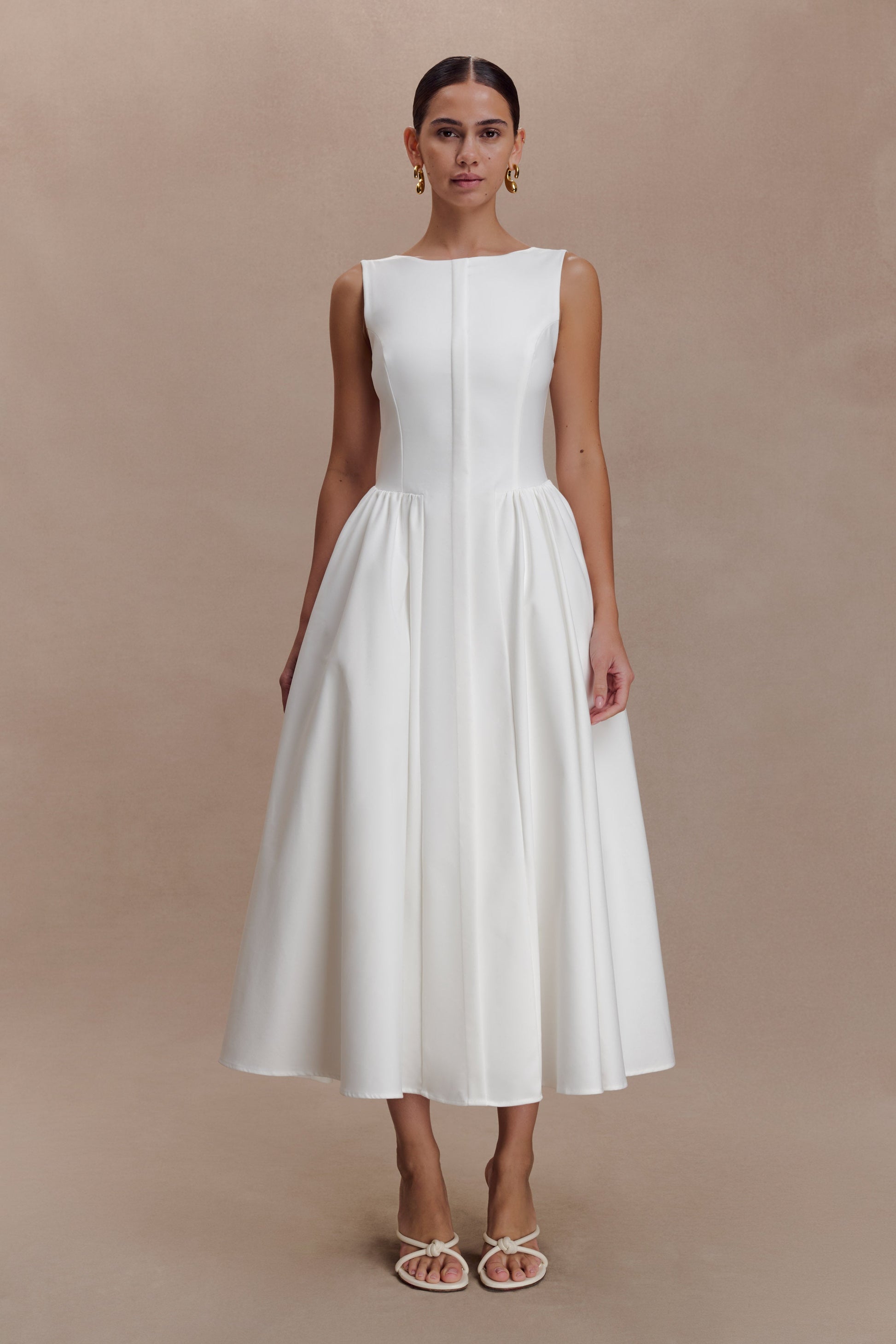 Monika Gathered Waist Cotton Midi Dress - White #4