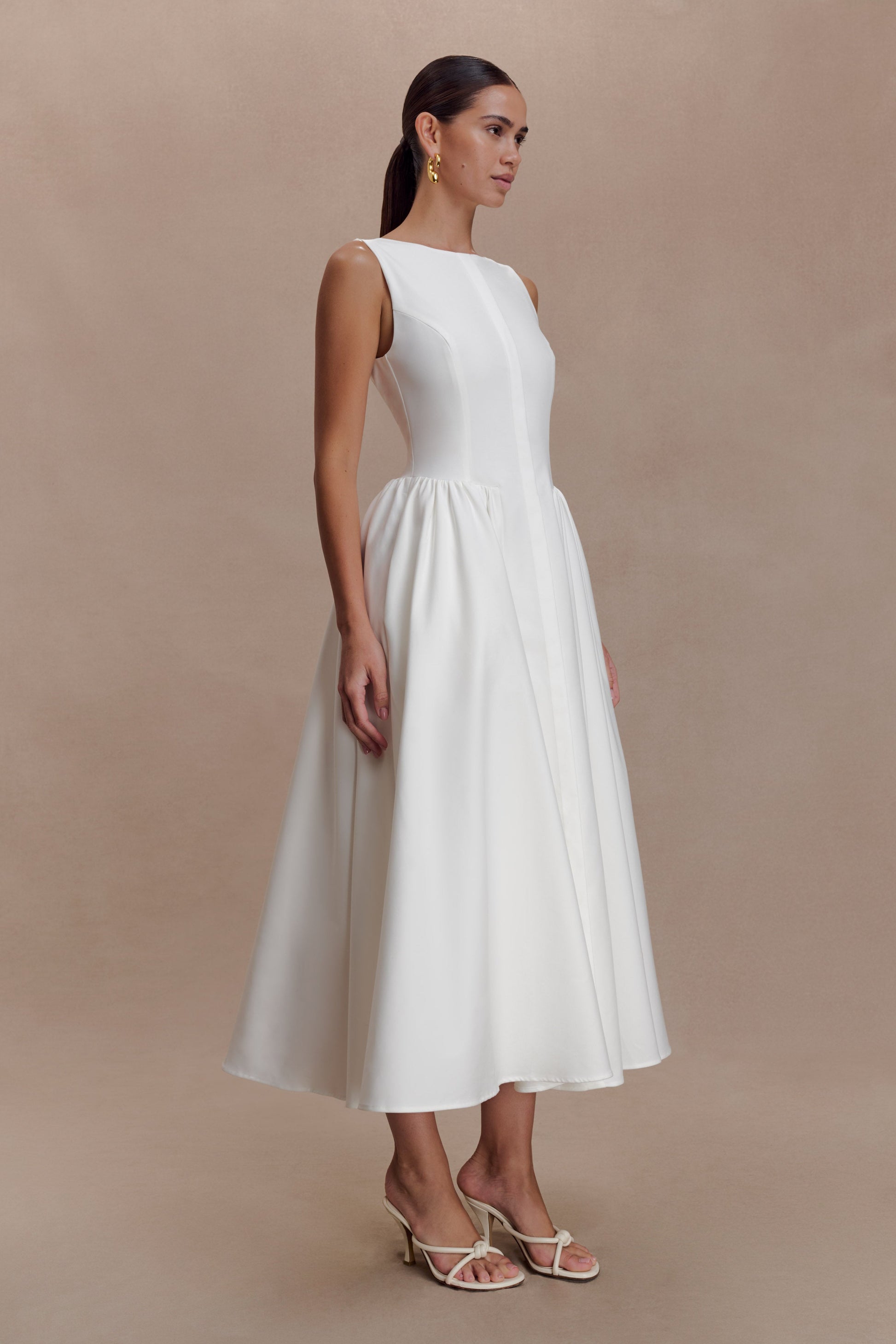 Monika Gathered Waist Cotton Midi Dress - White #6