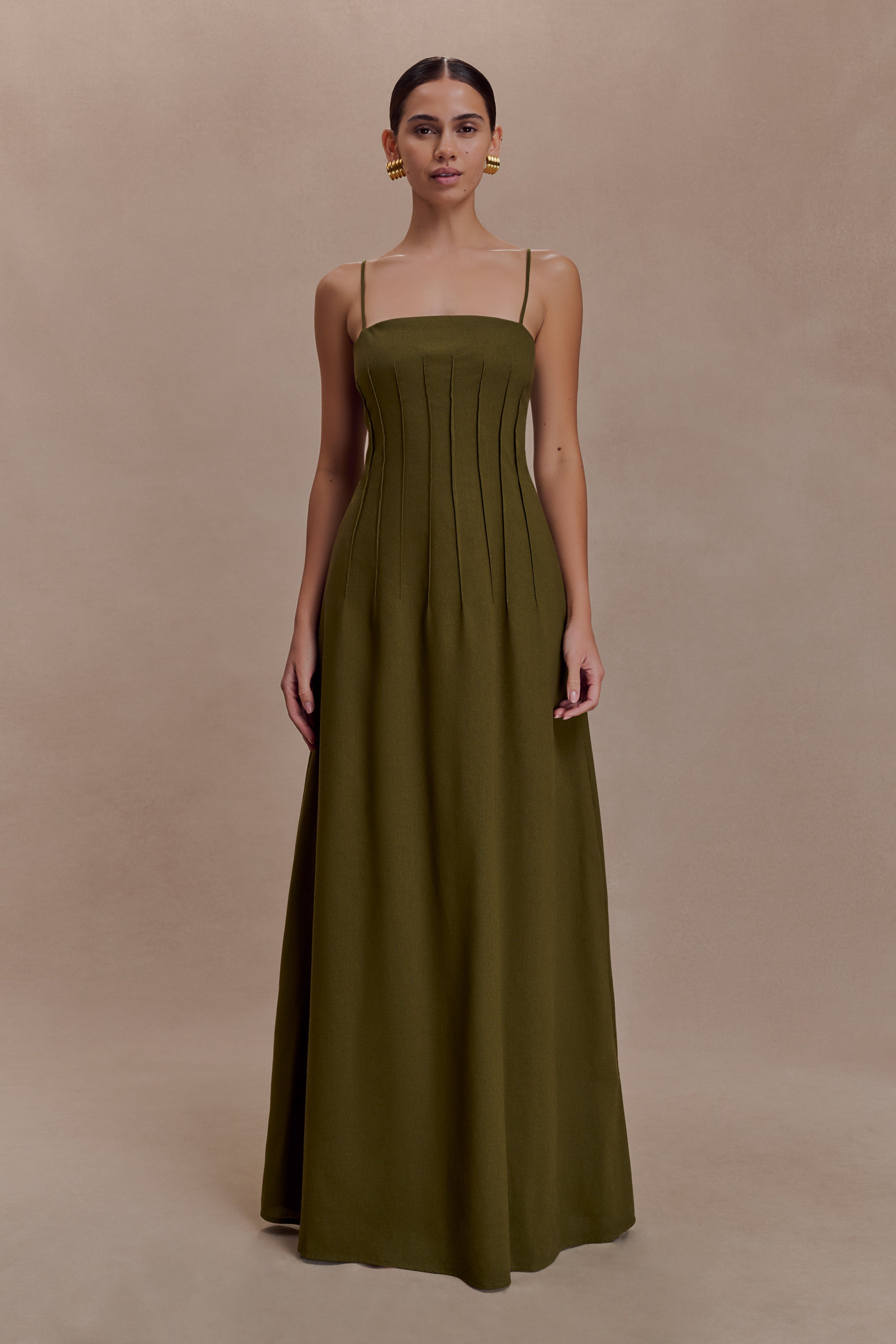 Sofie Pintuck Linen Maxi Dress - Khaki | MESHKI US