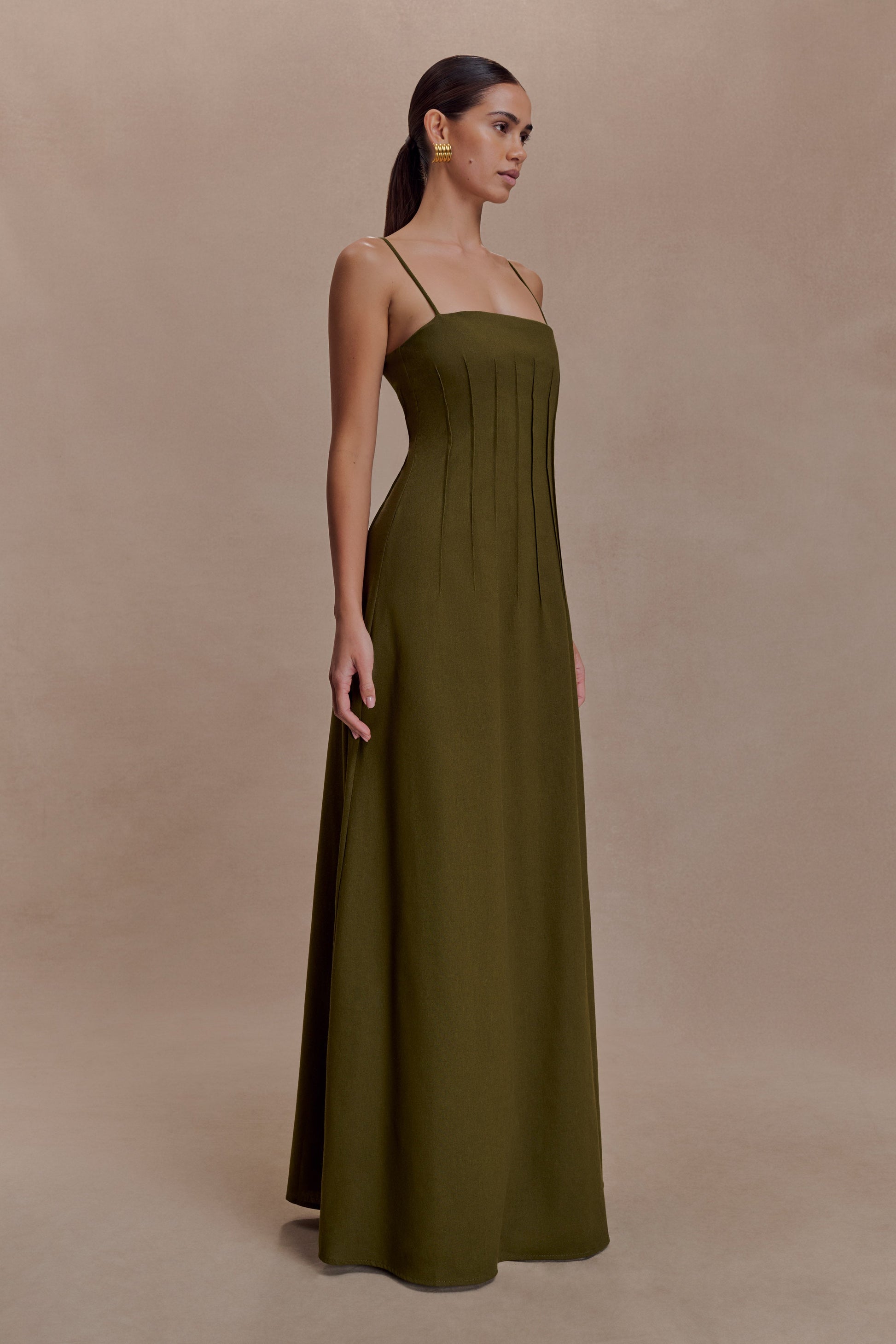 Sofie Pintuck Linen Maxi Dress - Khaki #4