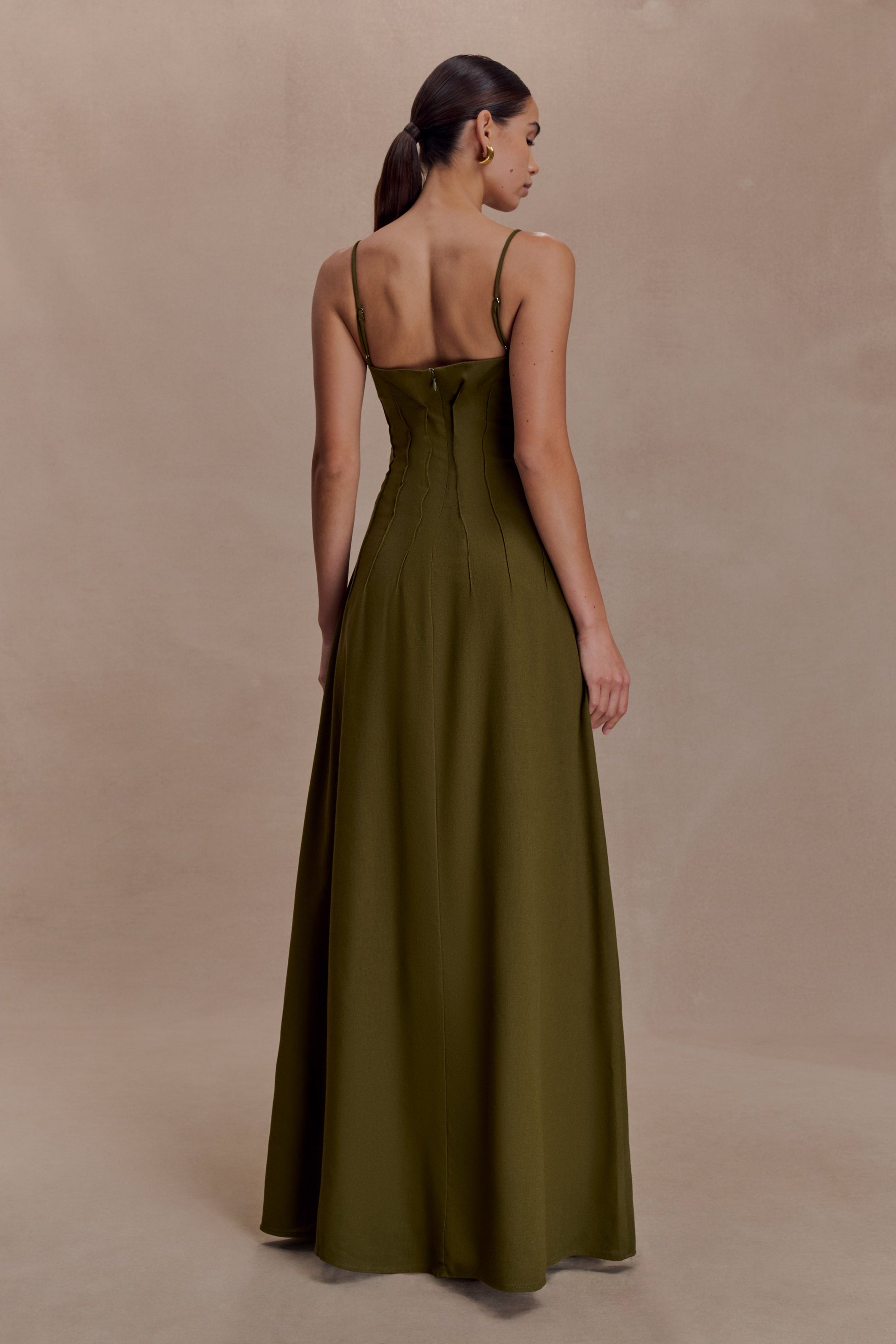 Sofie Pintuck Linen Maxi Dress / Khaki | MESHKI