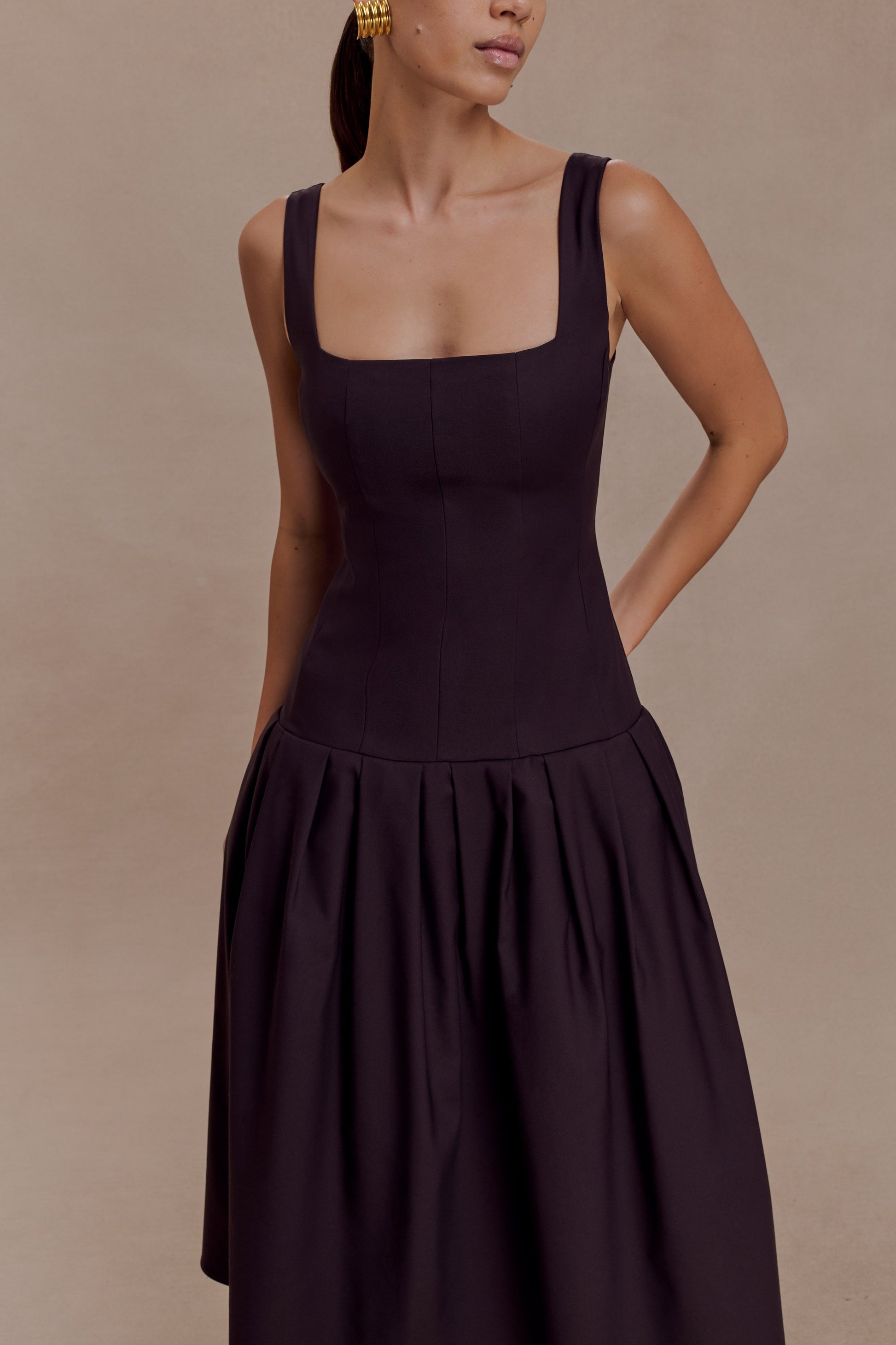 Natascha Drop Waist Cotton Midi Dress / Chocolate | MESHKI | XS Natascha Drop Waist Cotton Midi Dress / Chocolate | MESHKI | XS
