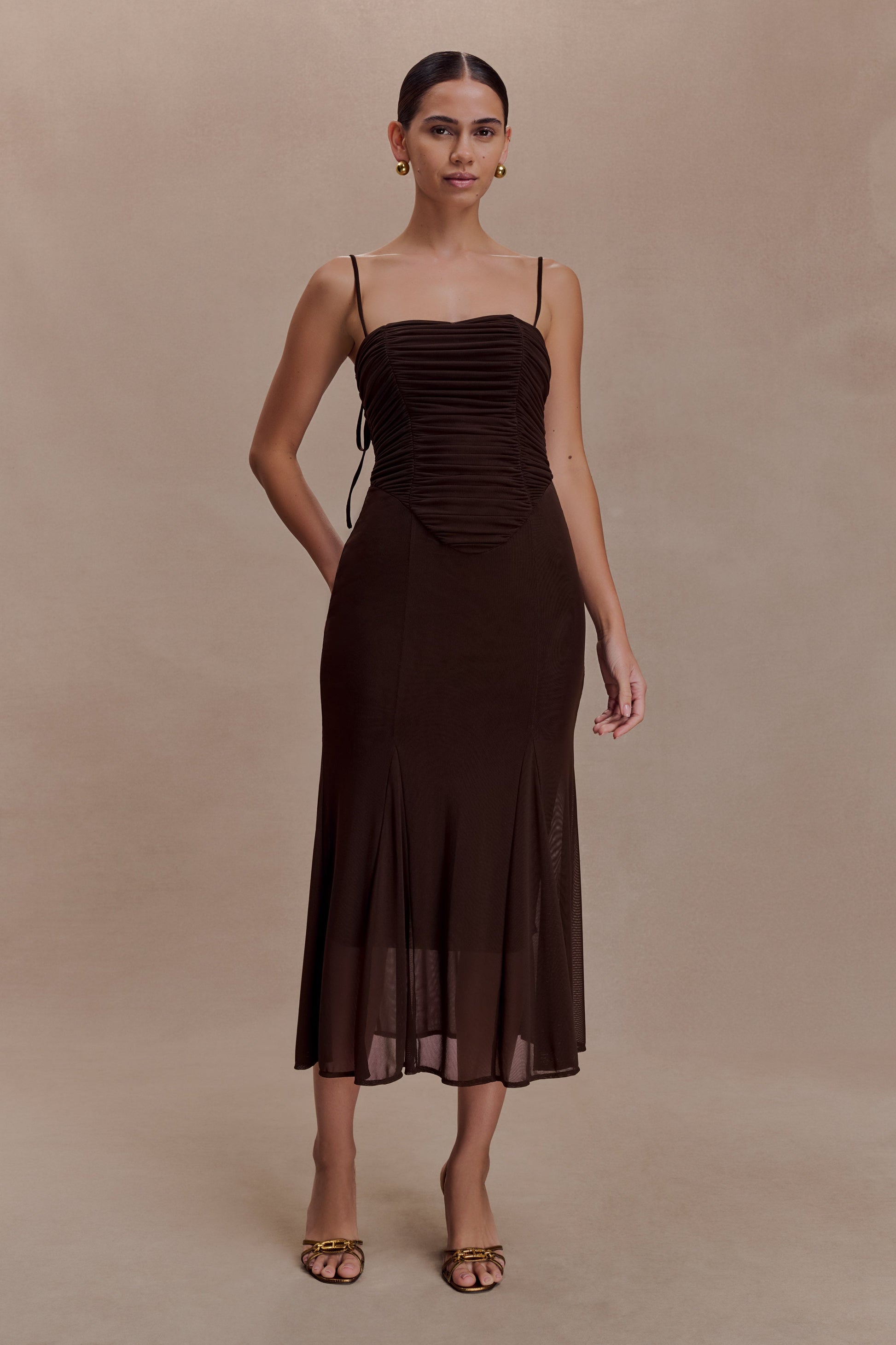 Willa Gathered Mesh Midi Dress / Chocolate | MESHKI