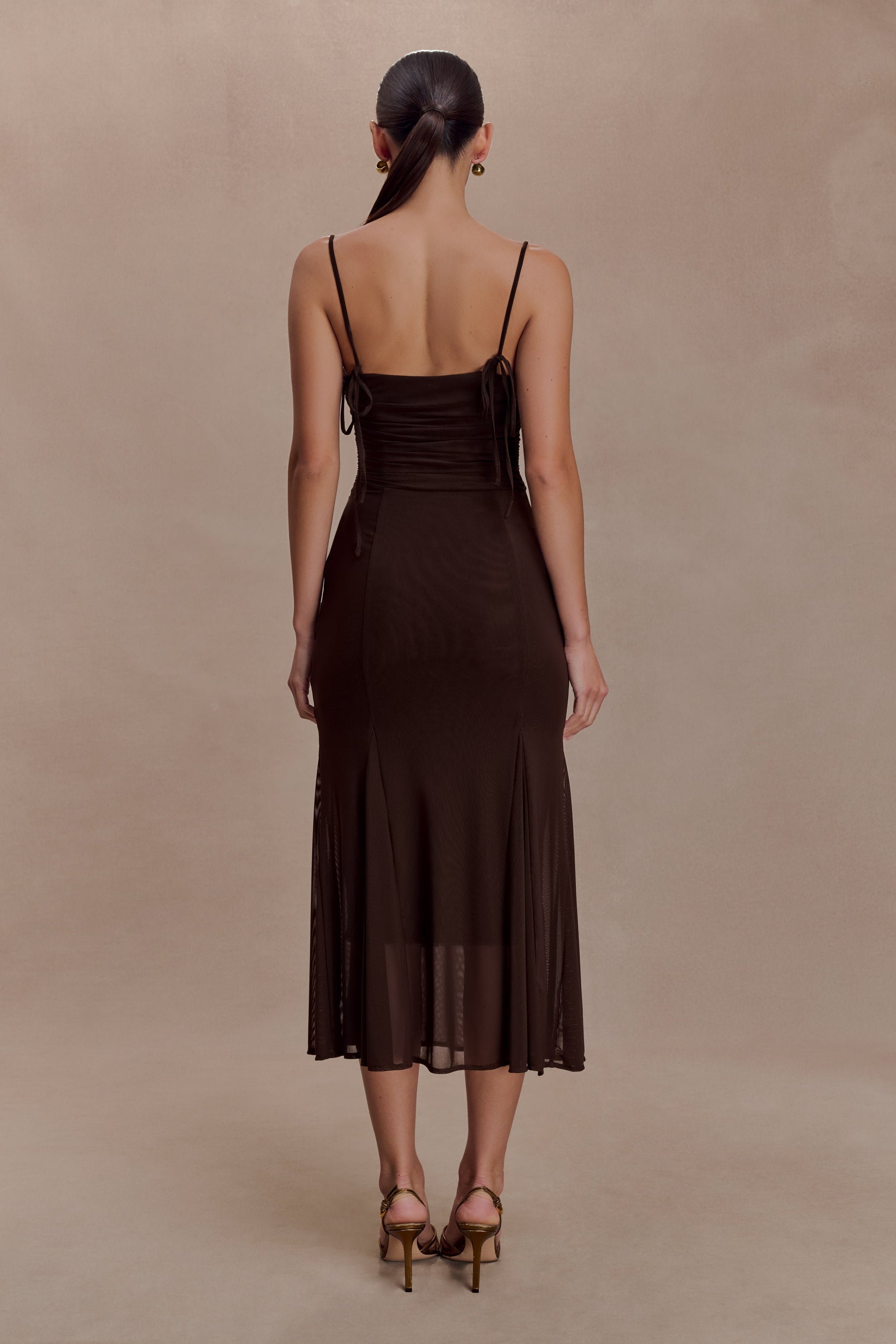 Willa Gathered Mesh Midi Dress - Chocolate #2