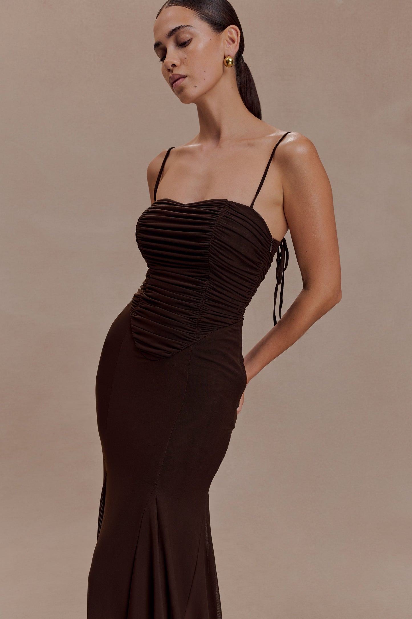 Willa Gathered Mesh Midi Dress - Chocolate