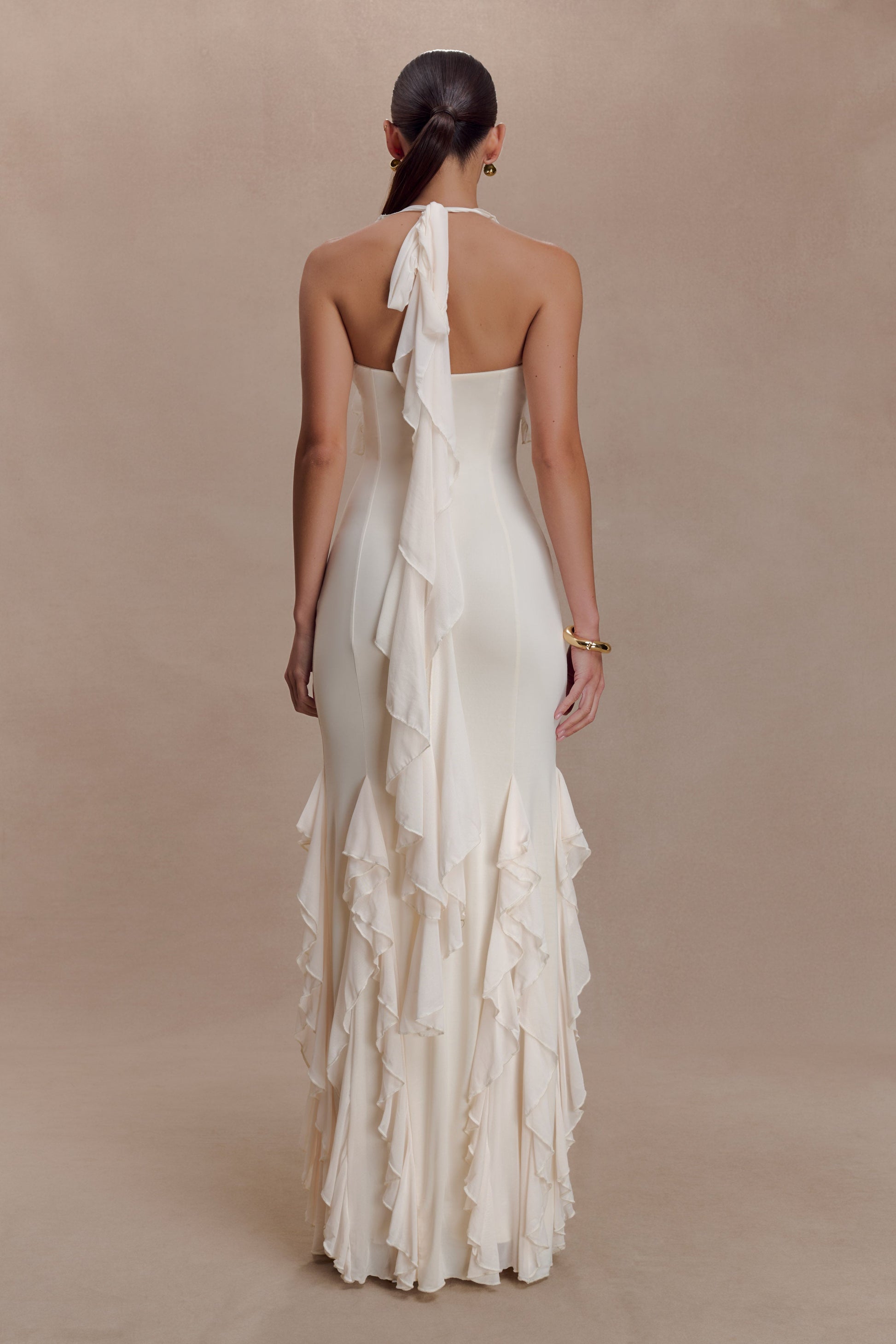 Etta Ruffle Slinky Maxi Dress - Ivory | MESHKI US Etta Ruffle Slinky Maxi Dress - Ivory | MESHKI US