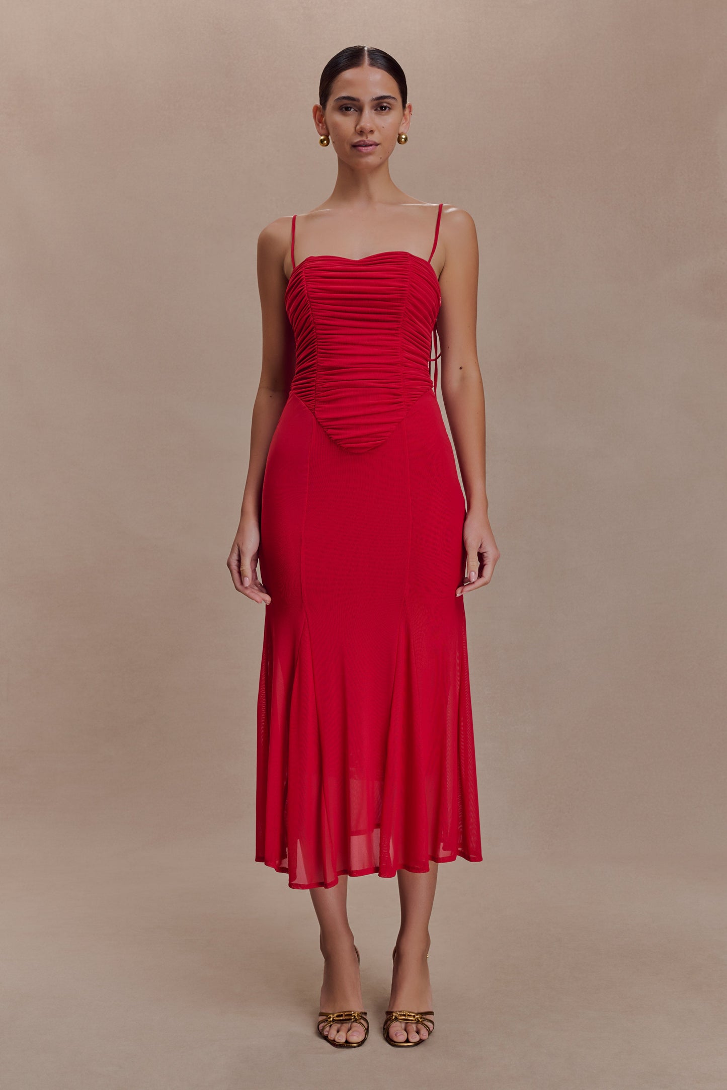 Willa Gathered Mesh Midi Dress - Ruby Red