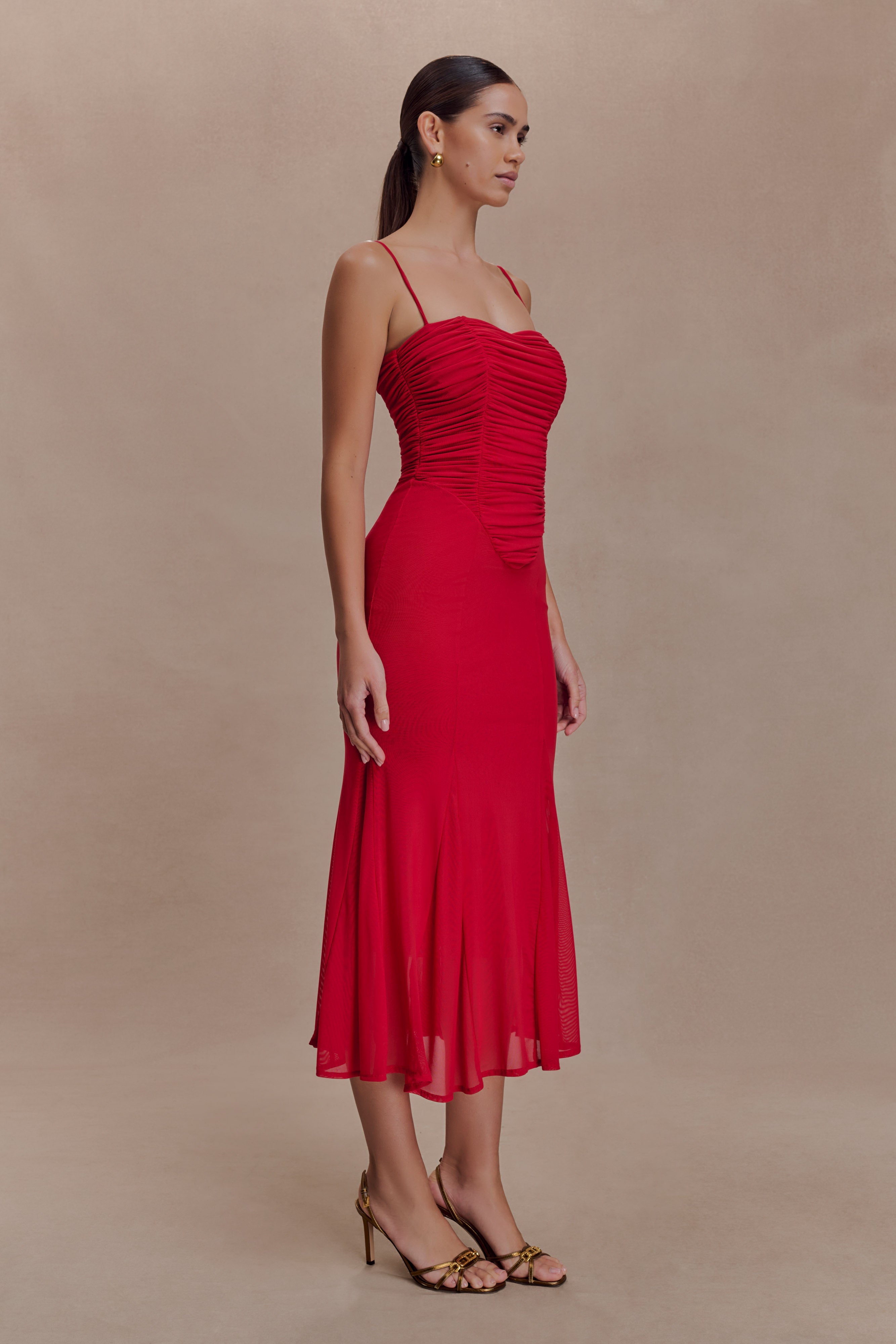 Willa Gathered Mesh Midi Dress - Ruby | MESHKI US