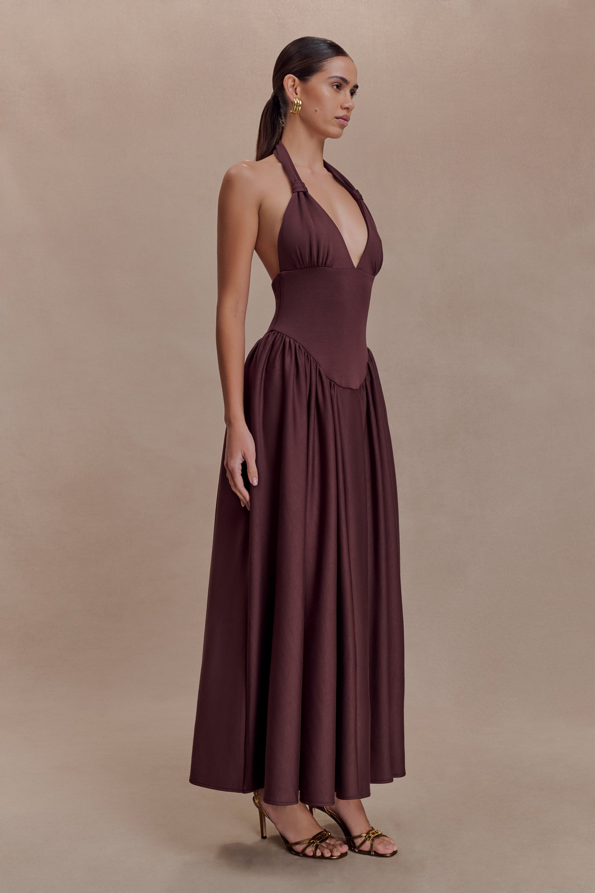 Angelina Scuba Halter Midi Dress / Chocolate | MESHKI | M Angelina Scuba Halter Midi Dress / Chocolate | MESHKI | M