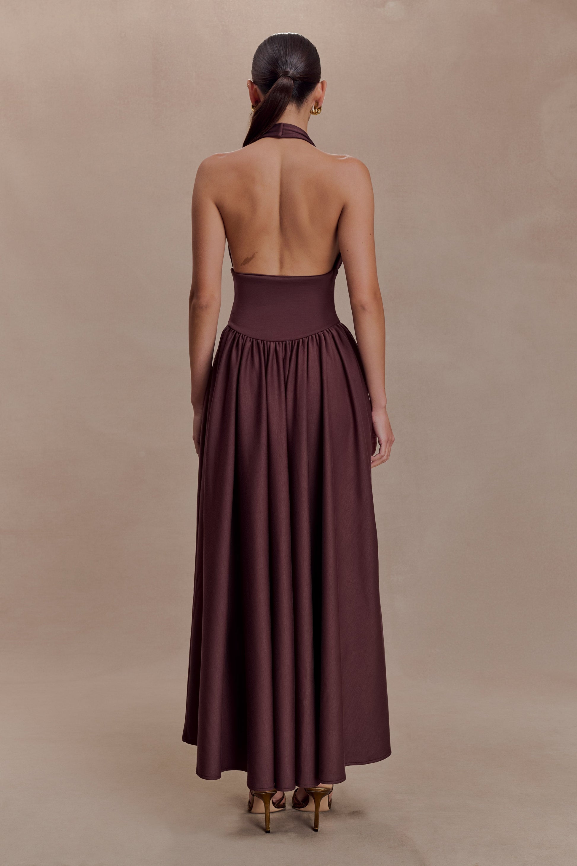 Angelina Scuba Halter Midi Dress / Chocolate | MESHKI | M Angelina Scuba Halter Midi Dress / Chocolate | MESHKI | M