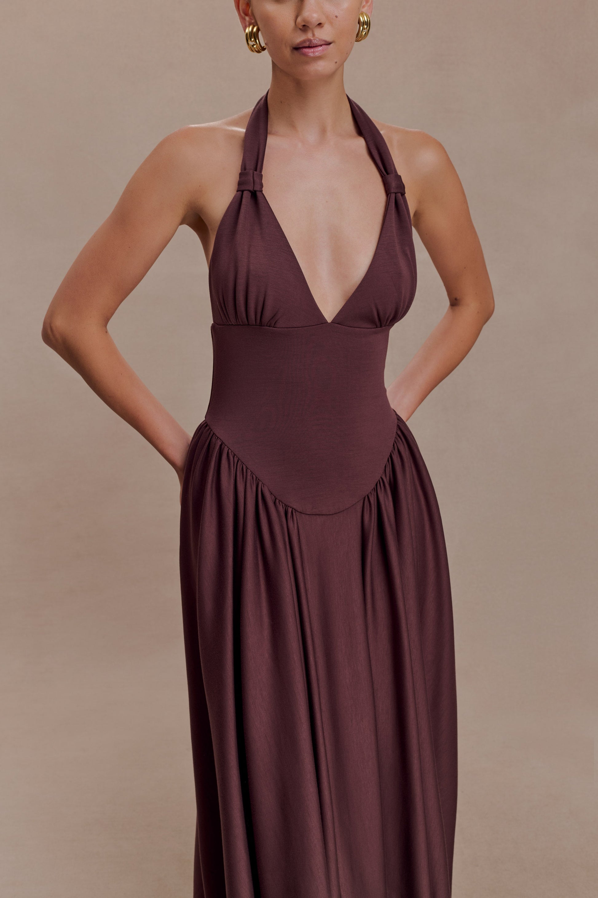 Angelina Scuba Halter Midi Dress - Chocolate | MESHKI US Angelina Scuba Halter Midi Dress - Chocolate | MESHKI US