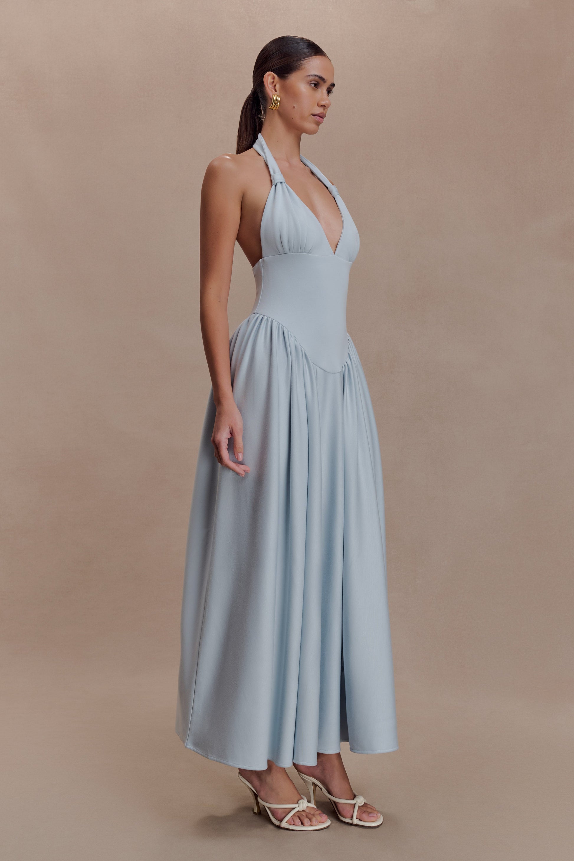 Angelina Scuba Halter Midi Dress - Pale Blue | MESHKI US Angelina Scuba Halter Midi Dress - Pale Blue | MESHKI US