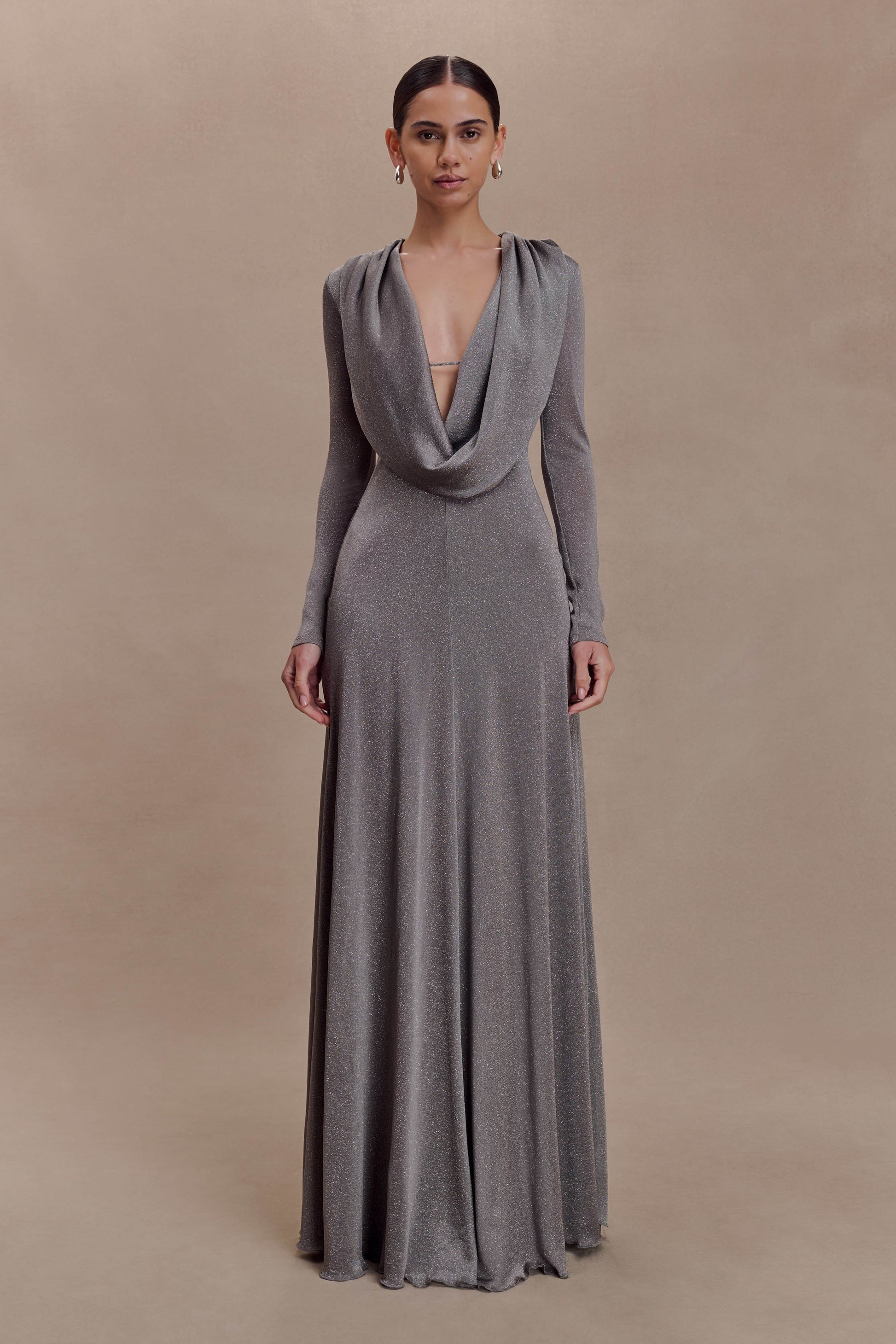 Scarlet Lurex Cowl Maxi Dress - Silver | MESHKI US Scarlet Lurex Cowl Maxi Dress - Silver | MESHKI US