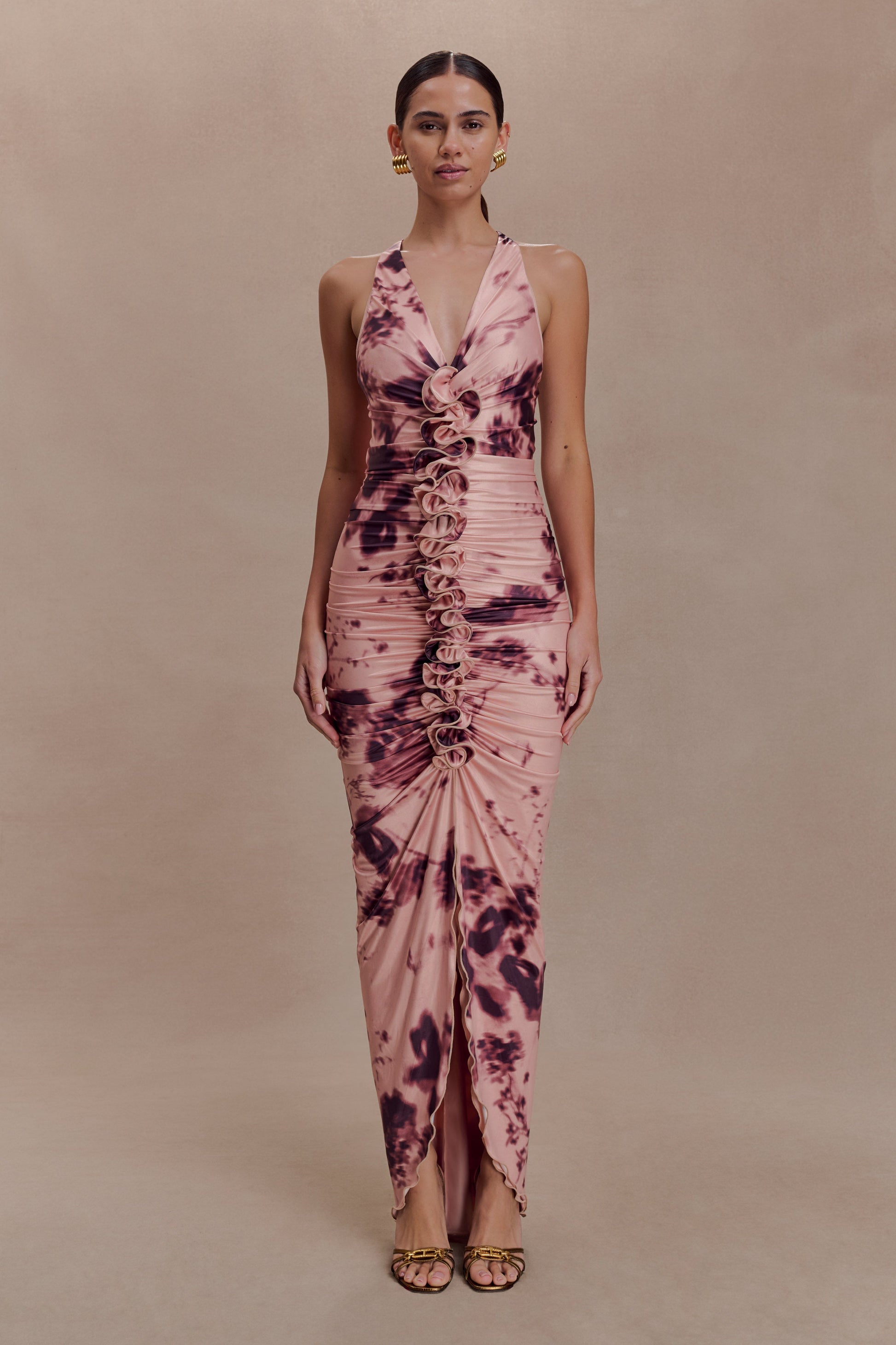 Alessandra Slinky Ruffle Maxi Dress / Pink Blurred Floral Print | MESHKI | 3XL Alessandra Slinky Ruffle Maxi Dress / Pink Blurred Floral Print | MESHKI | 3XL
