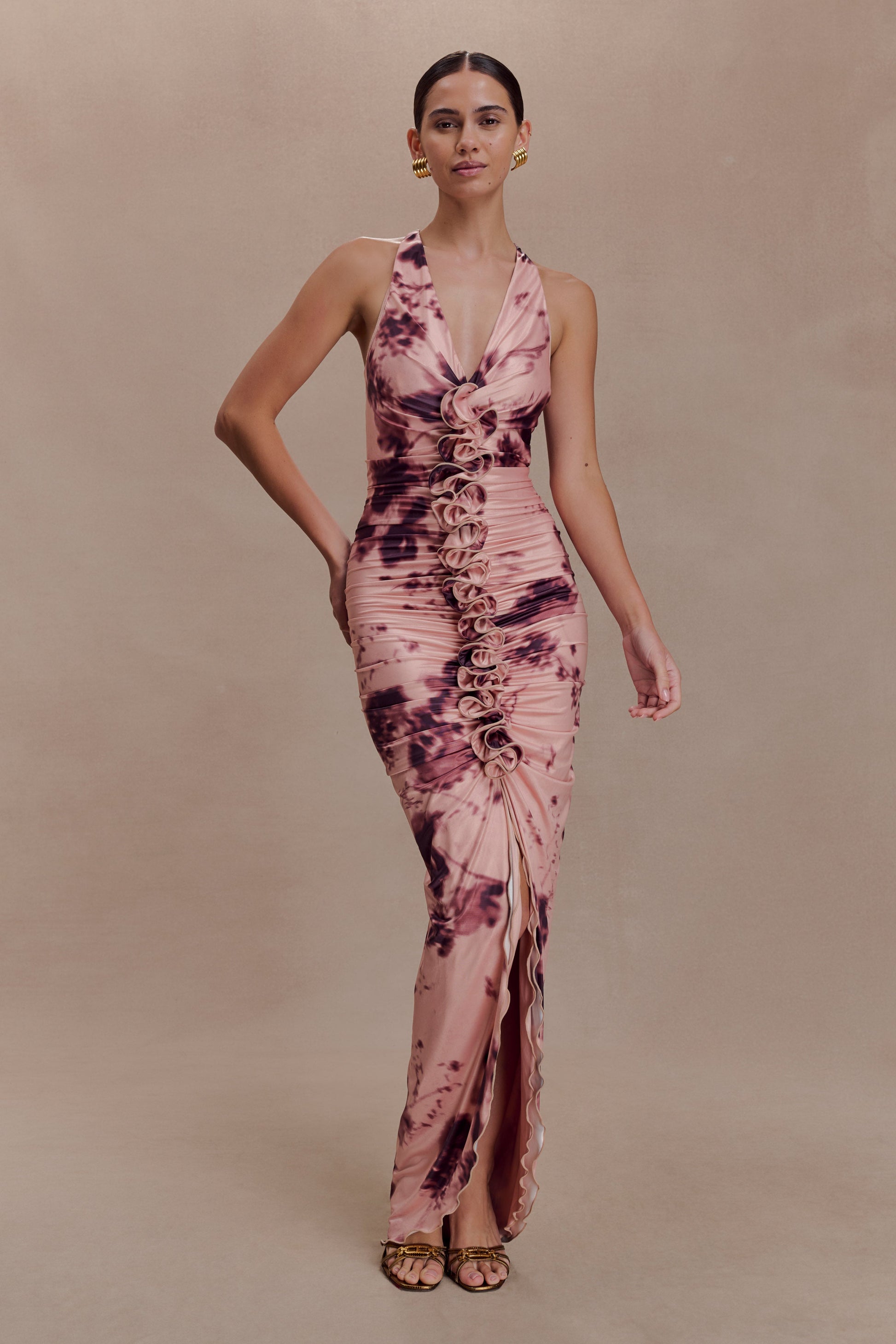Alessandra Slinky Ruffle Maxi Dress / Pink Blurred Floral Print | MESHKI