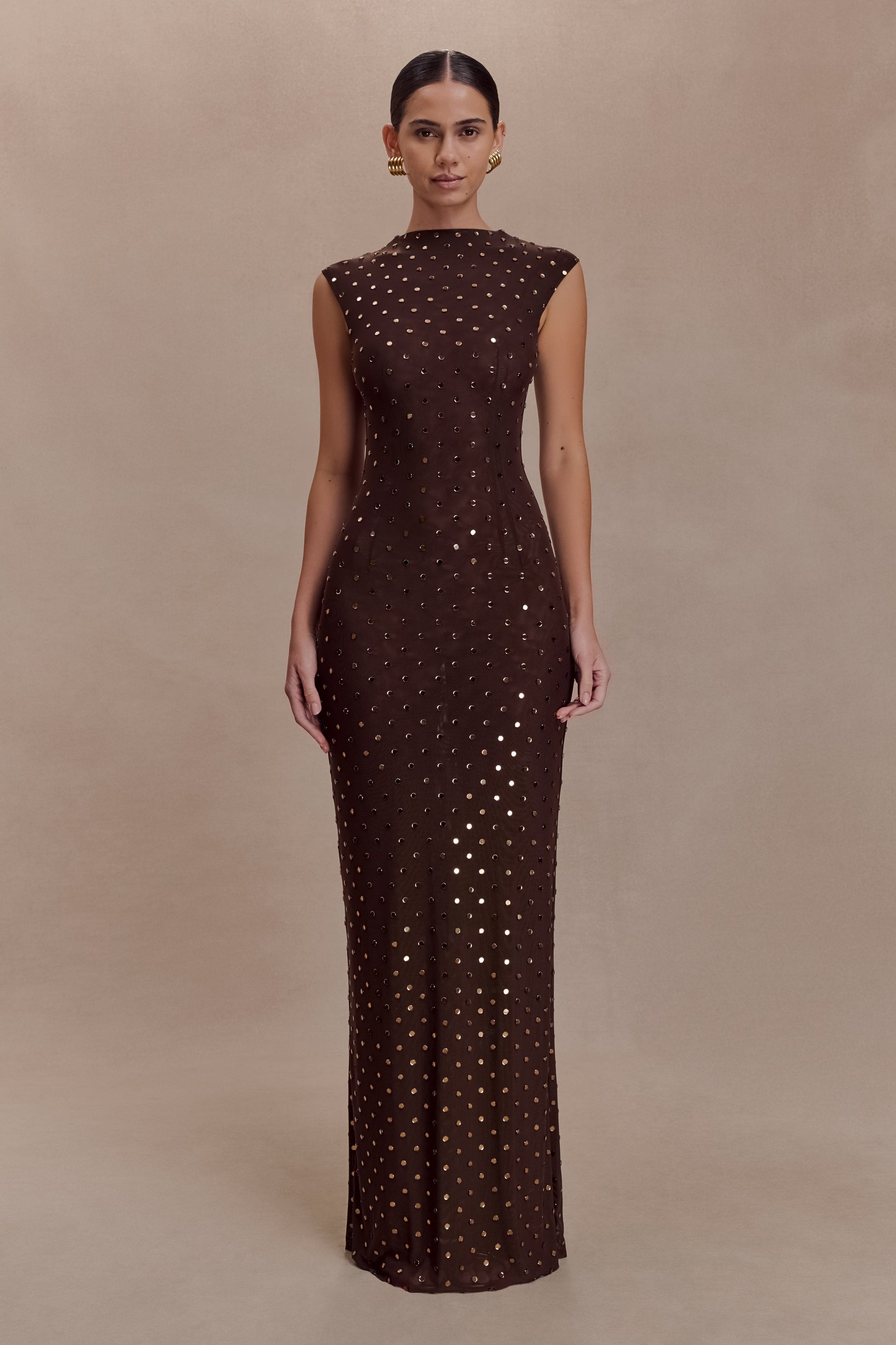 off shoulder diamante maxi dress - chocolate MESHKI US Marcel Off Shoulder Diamante Maxi Dress - Chocolate