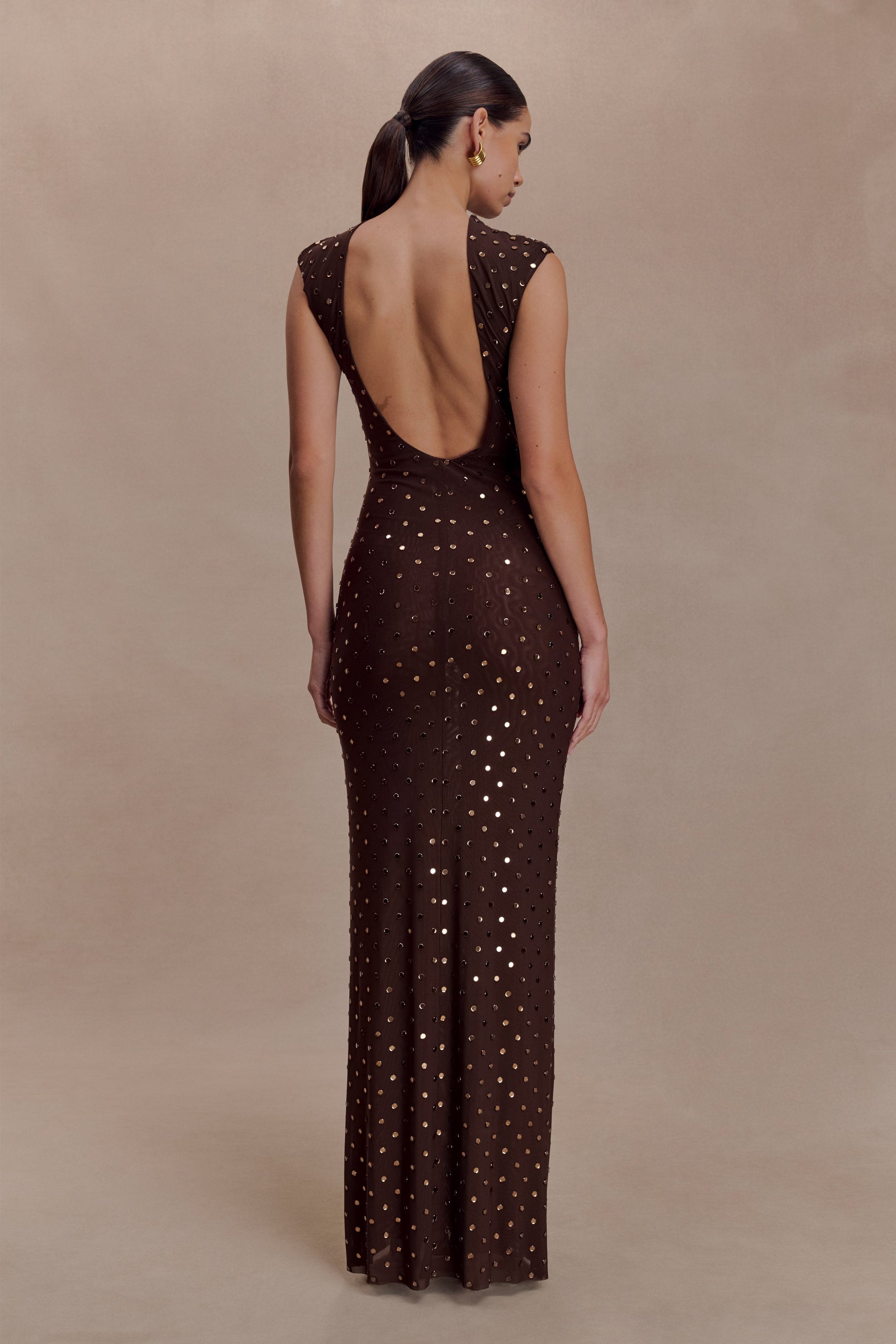 Samara Sleeveless Diamante Maxi Dress / Chocolate | MESHKI