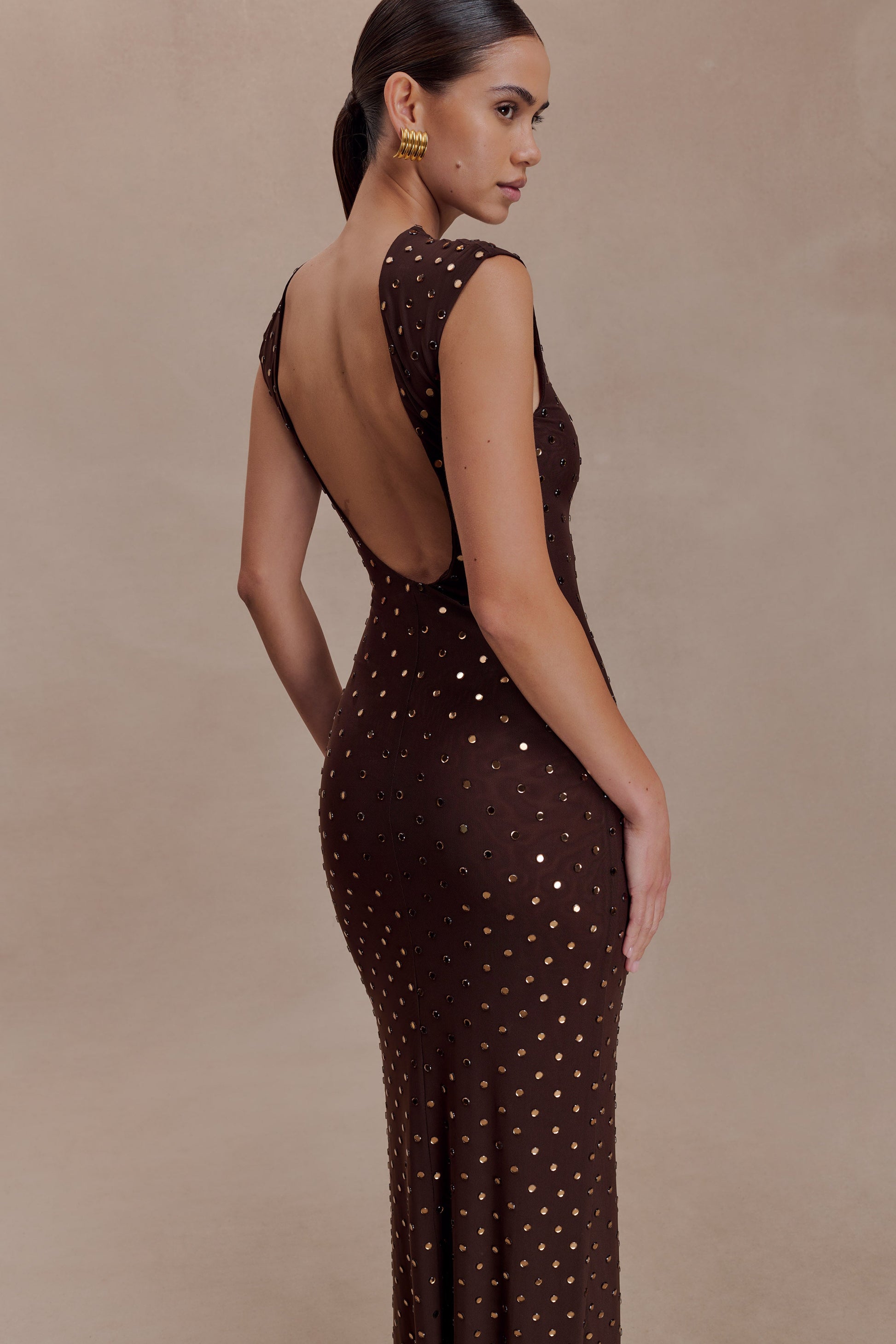 Samara Sleeveless Diamante Maxi Dress / Chocolate | MESHKI