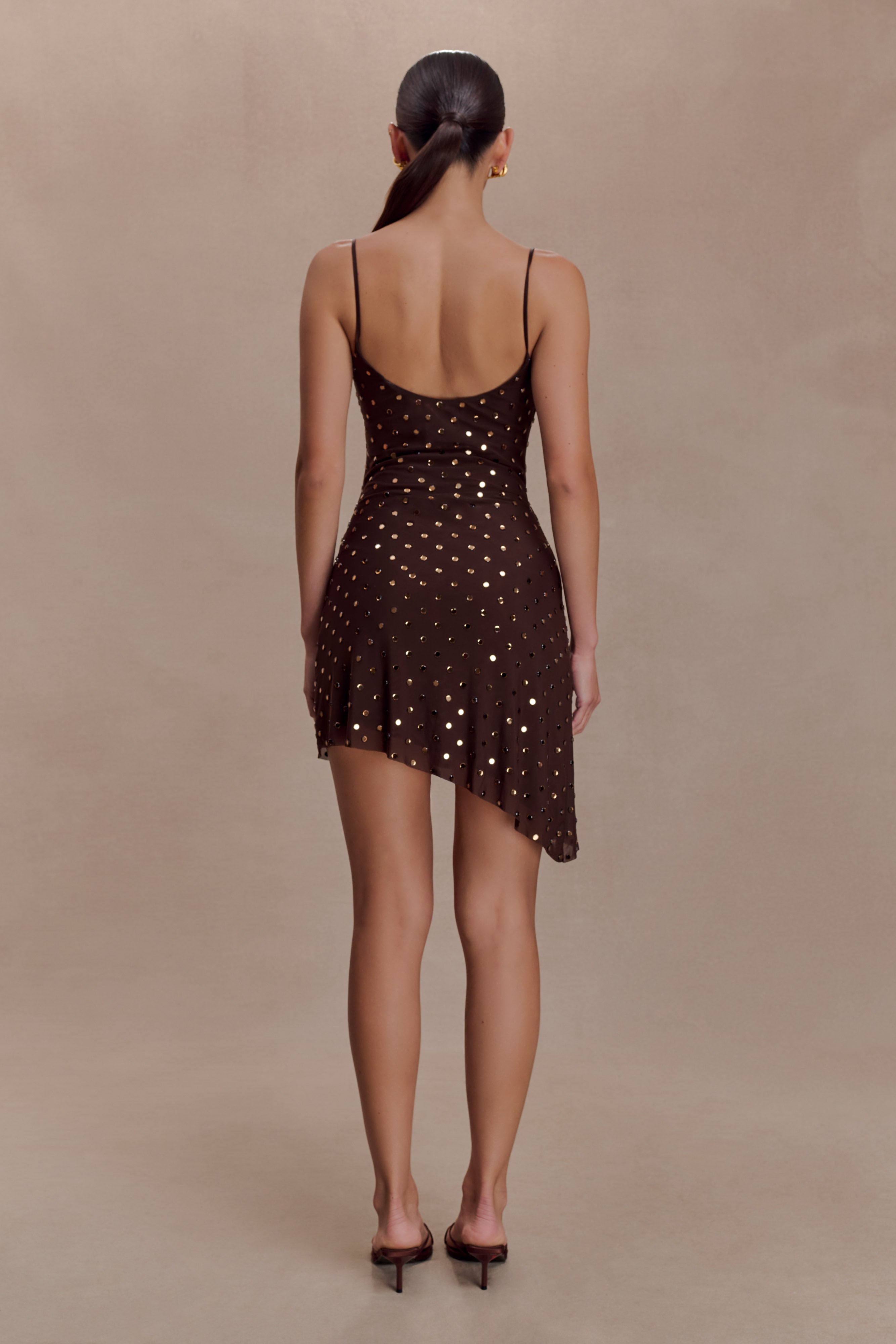 Zahra Diamante Cowl Mini Dress - Chocolate | MESHKI US