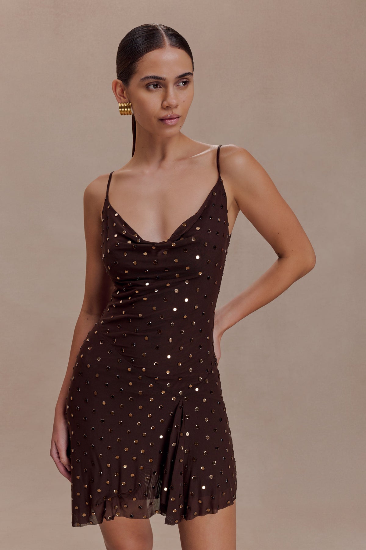Zahra Diamante Cowl Mini Dress - Chocolate