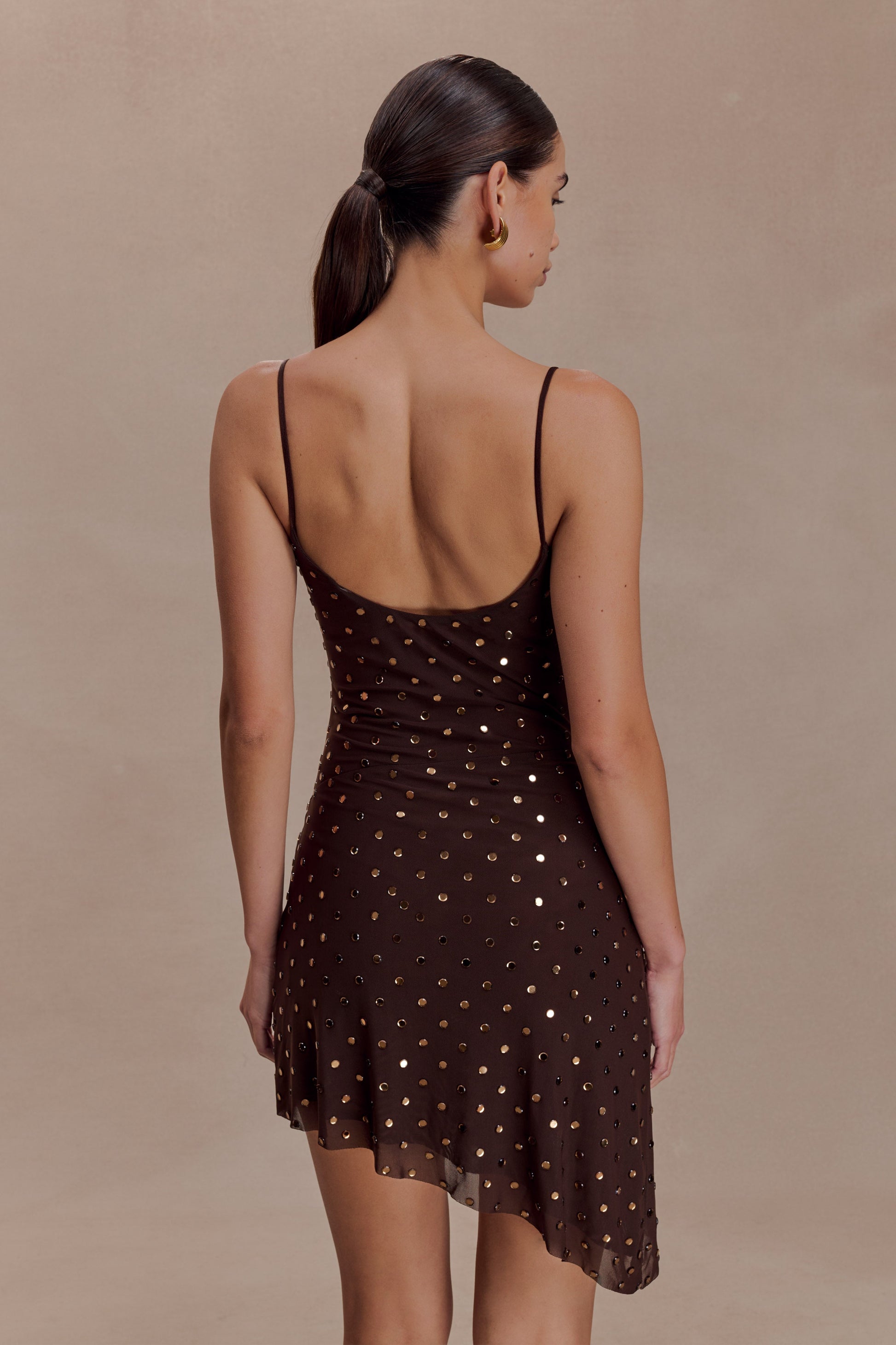 Zahra Diamante Cowl Mini Dress - Chocolate | MESHKI US Zahra Diamante Cowl Mini Dress - Chocolate | MESHKI US