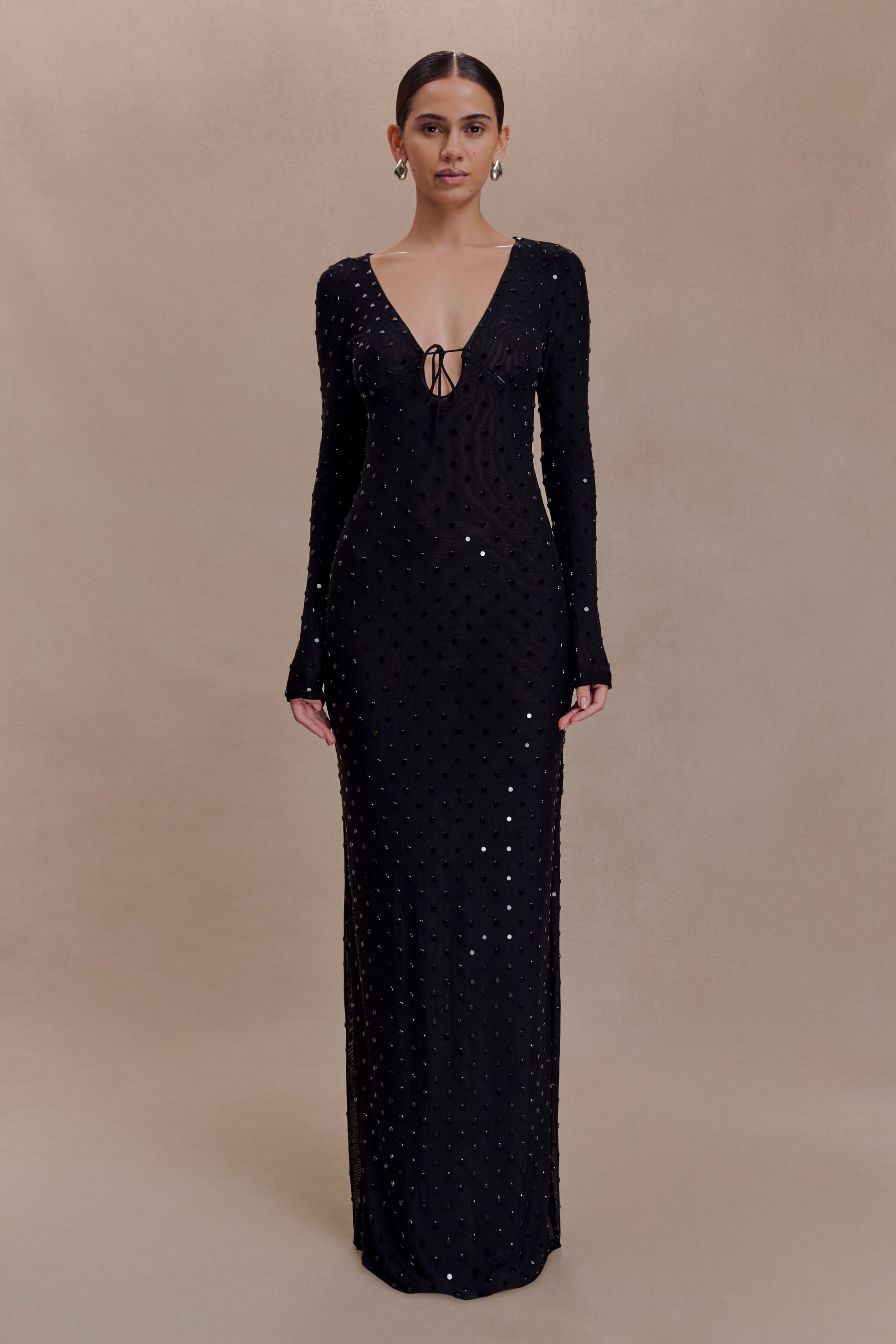Acadia Diamante Long Sleeve Maxi Dress / Black | MESHKI