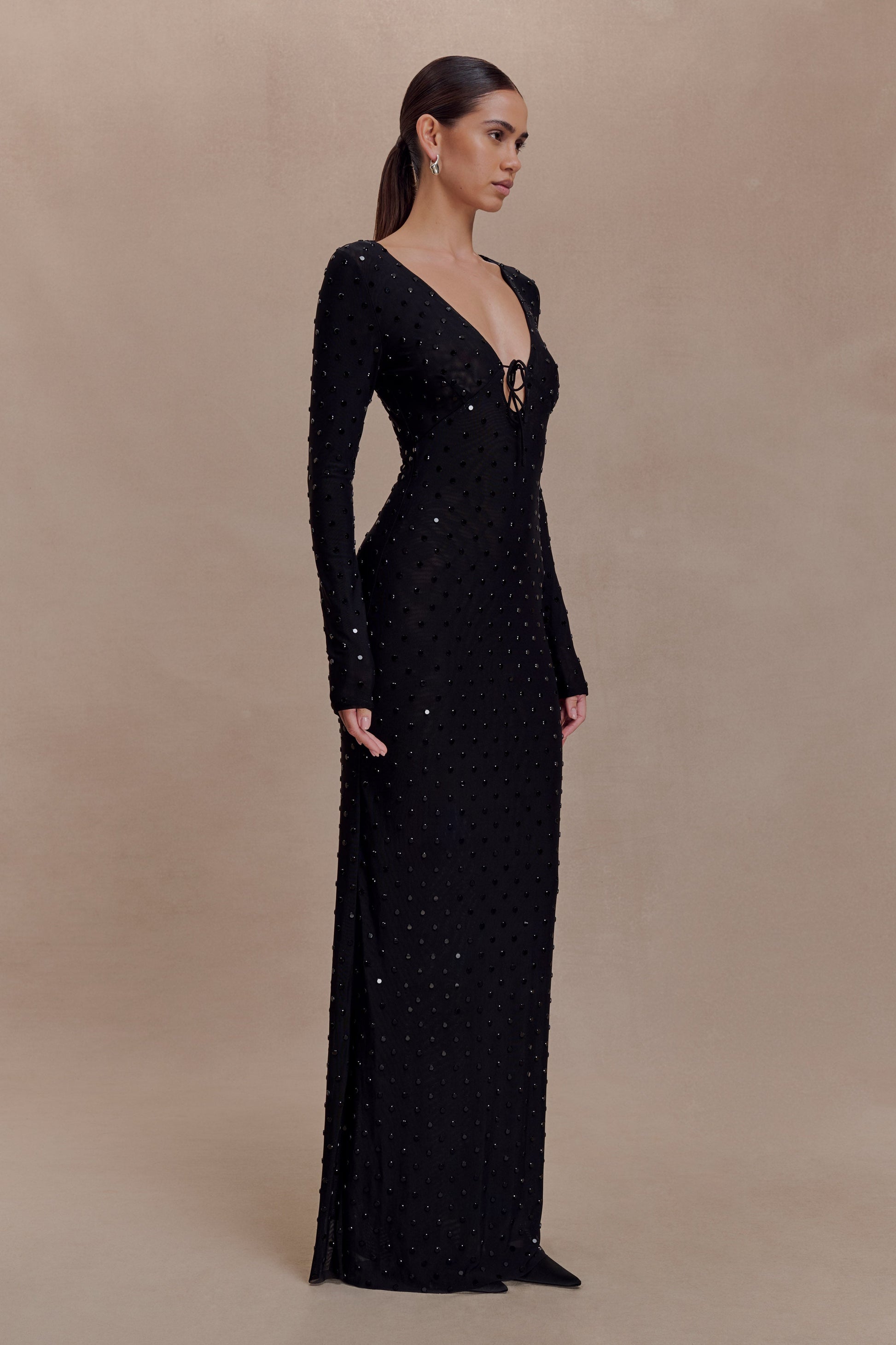 Acadia Diamante Long Sleeve Maxi Dress / Black | MESHKI