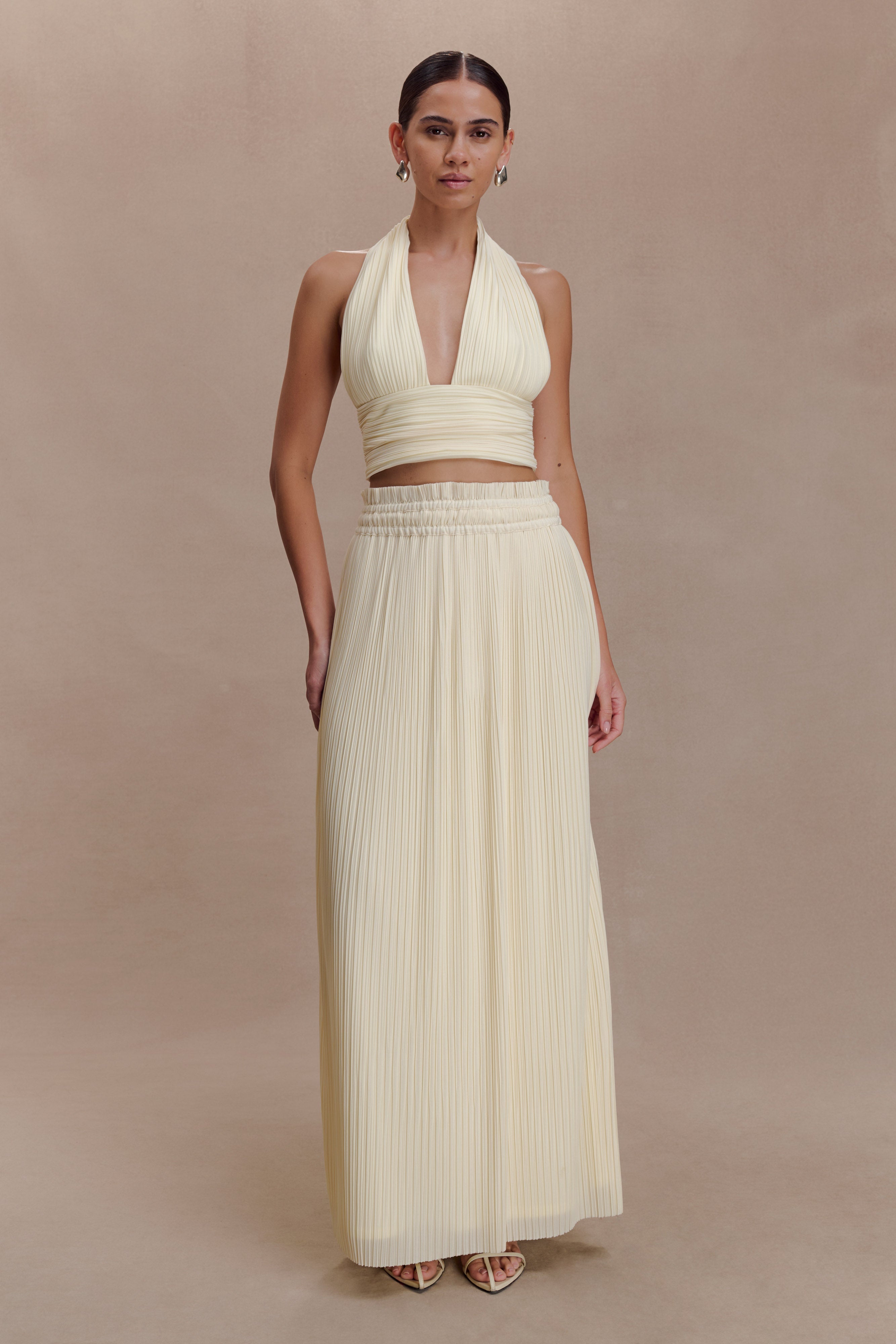 Amaris Gathered Plisse Maxi Skirt - Lemon | MESHKI US