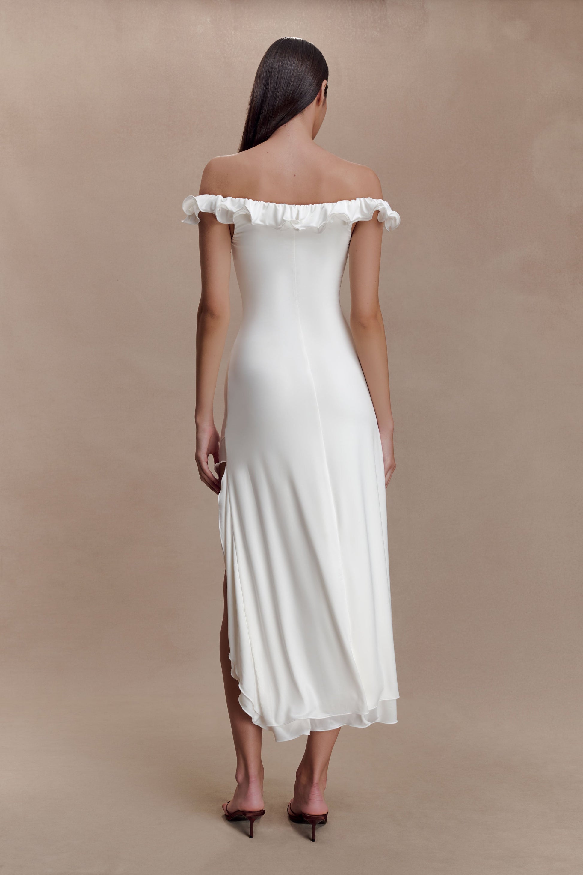Allegra Off Shoulder Ruffle Midi Dress / Ivory | MESHKI Allegra Off Shoulder Ruffle Midi Dress / Ivory | MESHKI