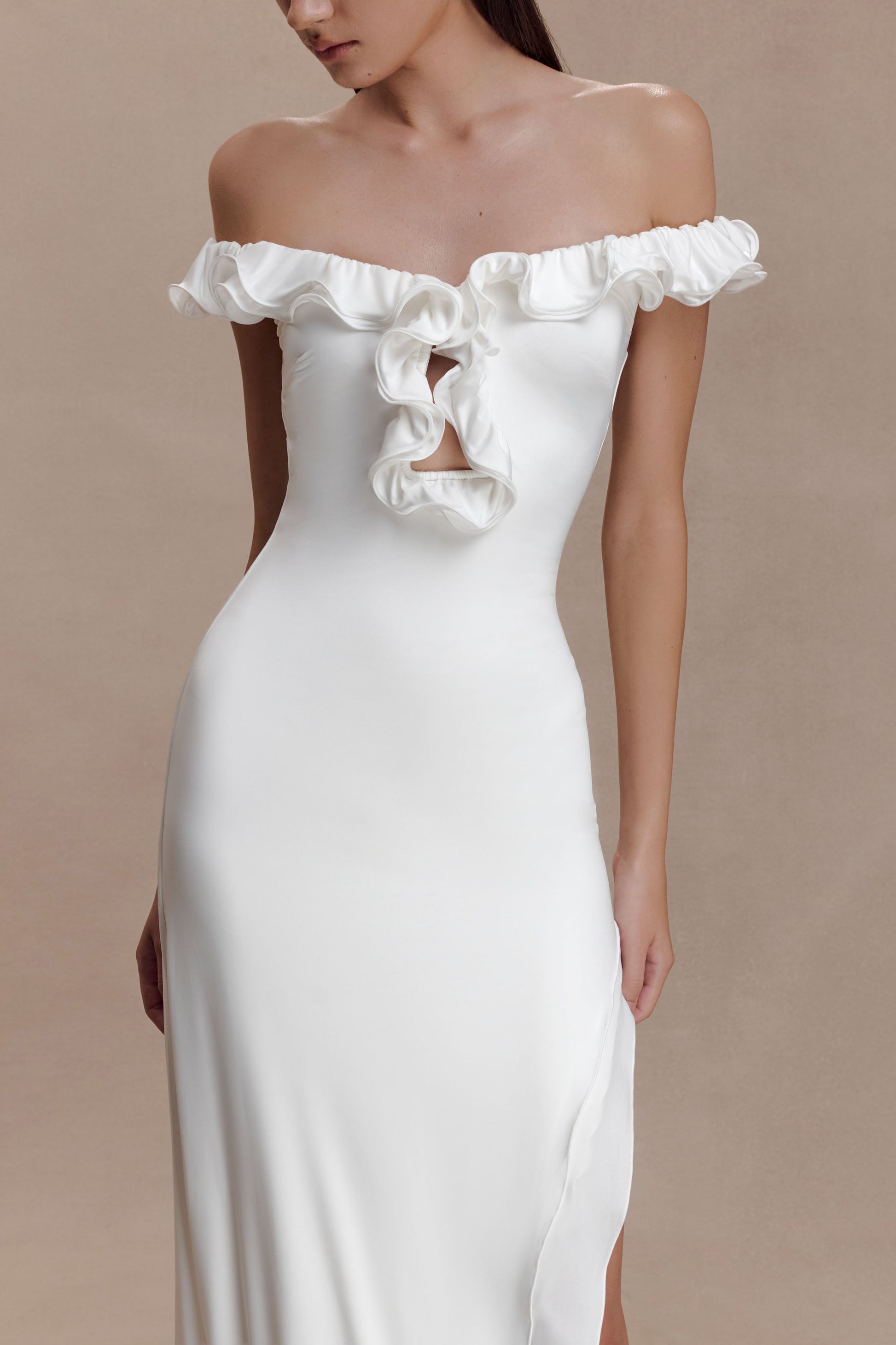 off the shoulder ruffle dress white Breezy Mini The Matilde Ruffle Detail White Maxi Dress is perfect for bridal events for the trend Jessica Off Shoulder Ruffle Mini