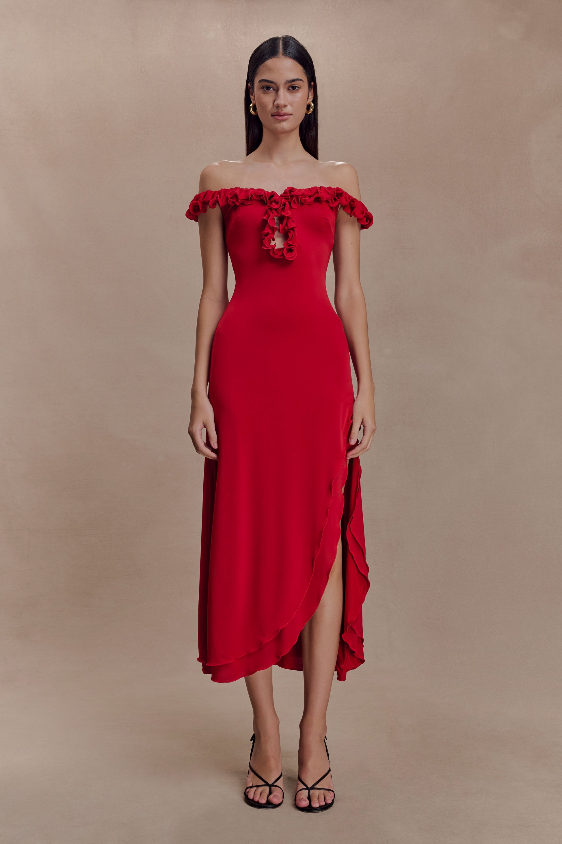 Allegra Off Shoulder Ruffle Midi Dress / Ruby | Meshki | XXS Allegra Off Shoulder Ruffle Midi Dress / Ruby | Meshki | XXS
