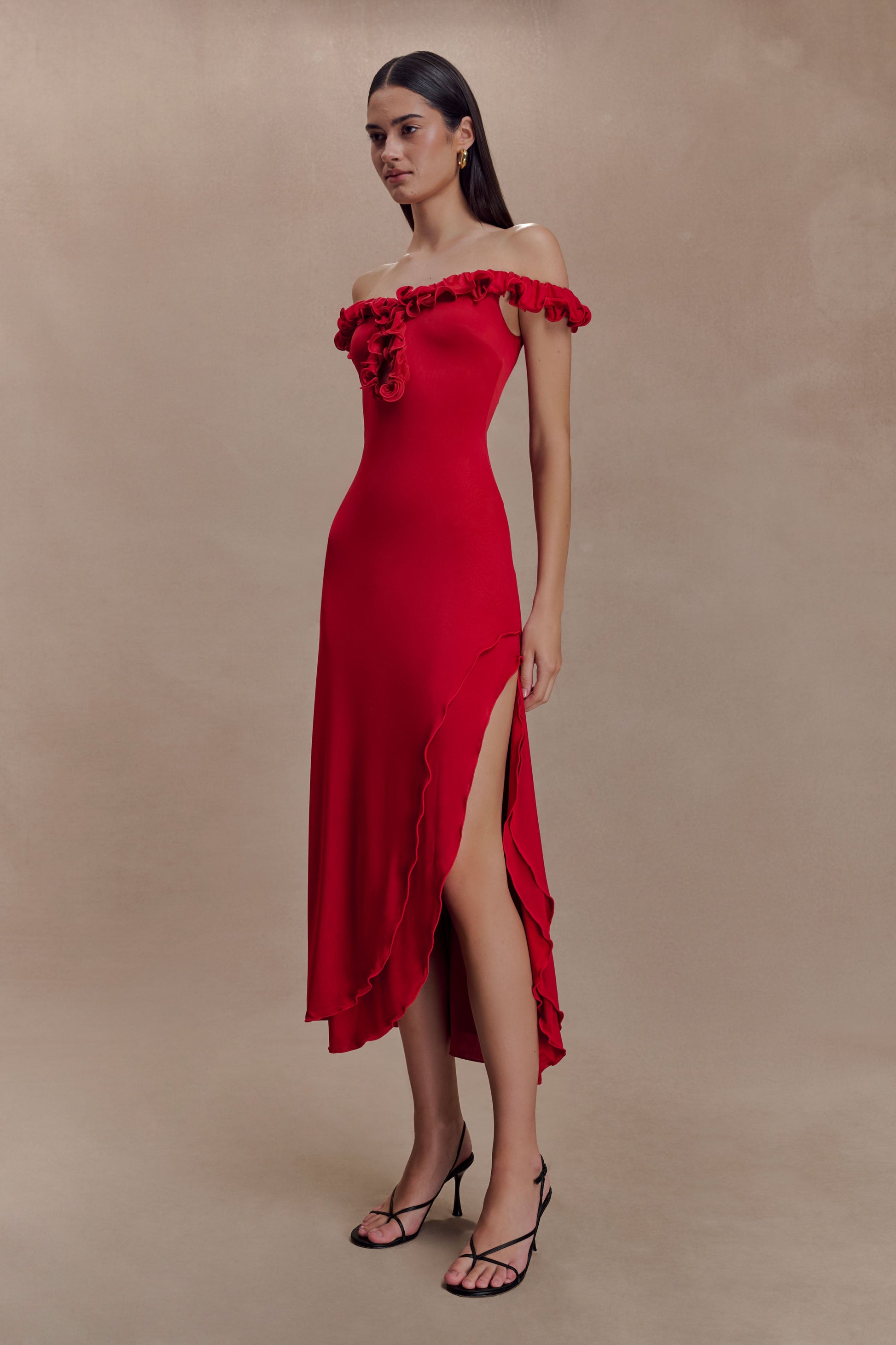 Allegra Off Shoulder Ruffle Midi Dress - Ruby #5