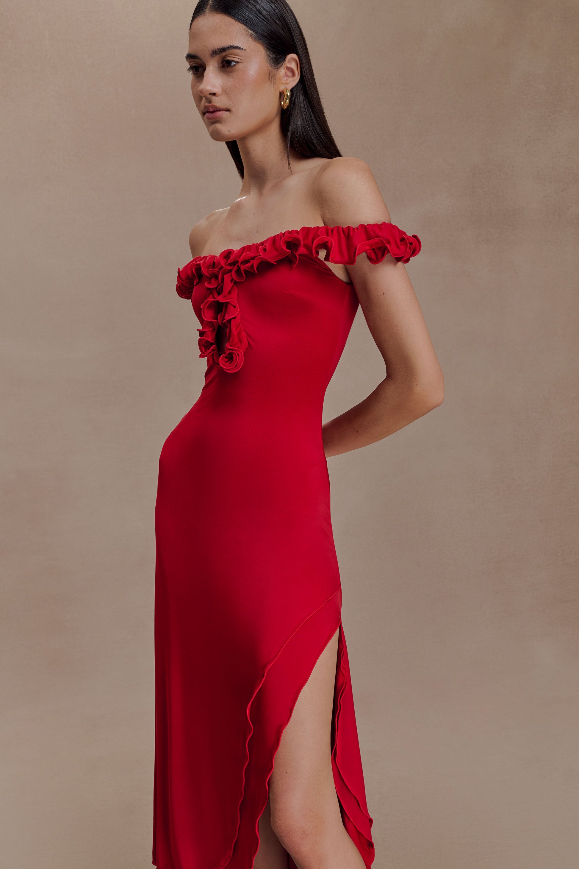 Allegra Off Shoulder Ruffle Midi Dress - Ruby | MESHKI US Allegra Off Shoulder Ruffle Midi Dress - Ruby | MESHKI US