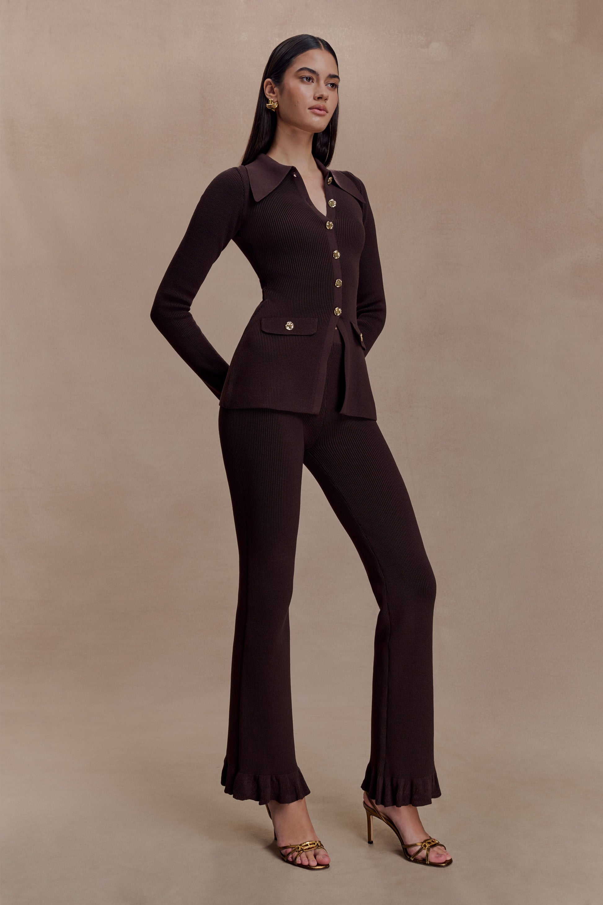 Suzie Ribbed Flared Pants - Chocolate #3